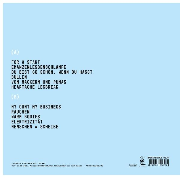 Blauer Hintergrund mit schwarzem Text, der Songtitel auflistet.
