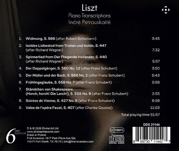 Albumcover mit Liszt-Klaviertranskriptionen von Indrė Petrauskaitė, Trackliste.