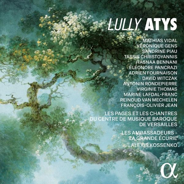 Lully Atys: Opern-Cover mit Baumzweig und Künstlernamen, mit Alpha-Symbol.
