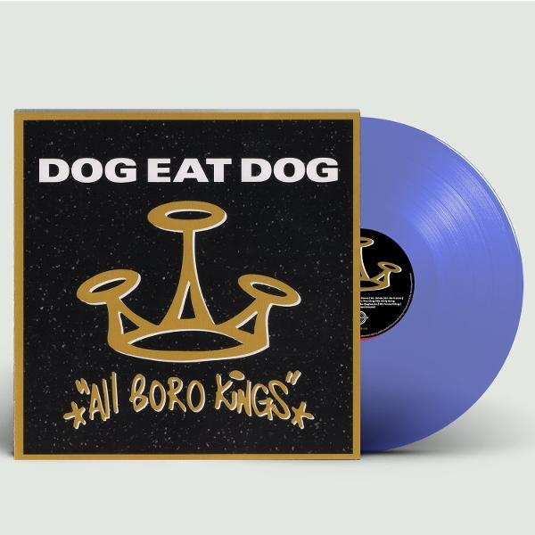Schwarzes Vinyl-Cover mit Goldkrone und Titel "DOG EAT DOG All Boro Kings". Daneben eine lila Schallplatte.