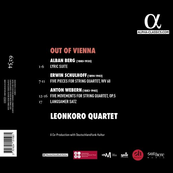 CD-Rückseite mit Titel 'Out of Vienna', Komponisten, Leonkoro Quartett & Logos.