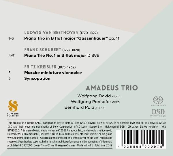 Rückseite eines SACD-Covers mit Musikstücken, Komponisten und dem Amadeus Trio.