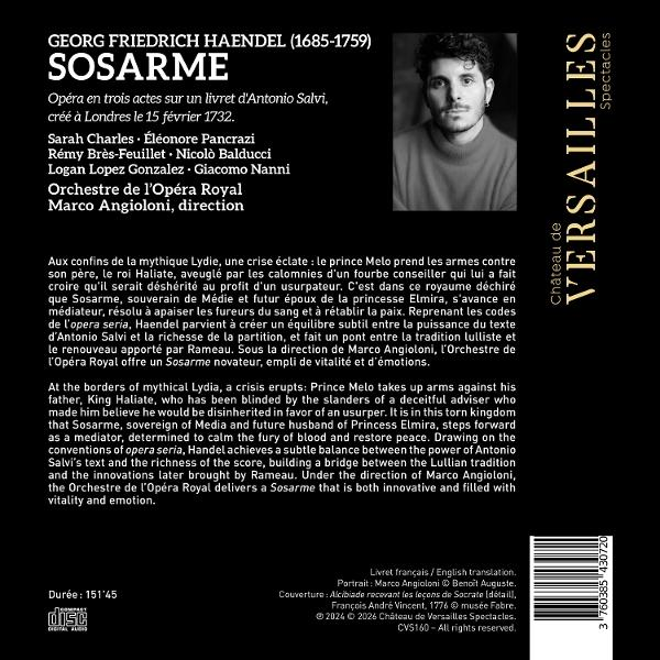 Poster für Händels Oper 'Sosarme' mit einem Porträt des Dirigenten Marco Angioloni.