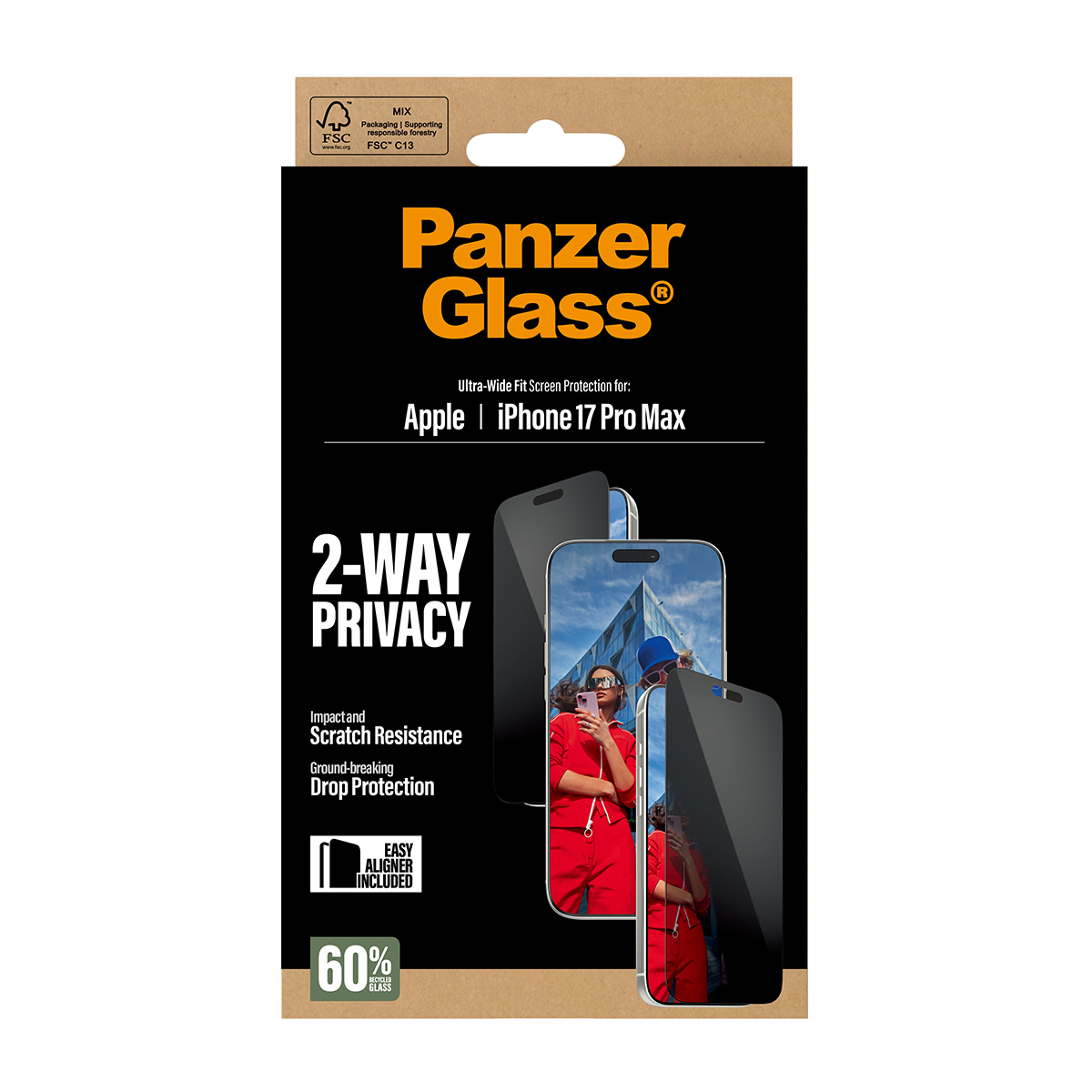 Panzer Glass Displayschutz für iPhone 17 Pro Max. 2-Wege-Privatsphäre.