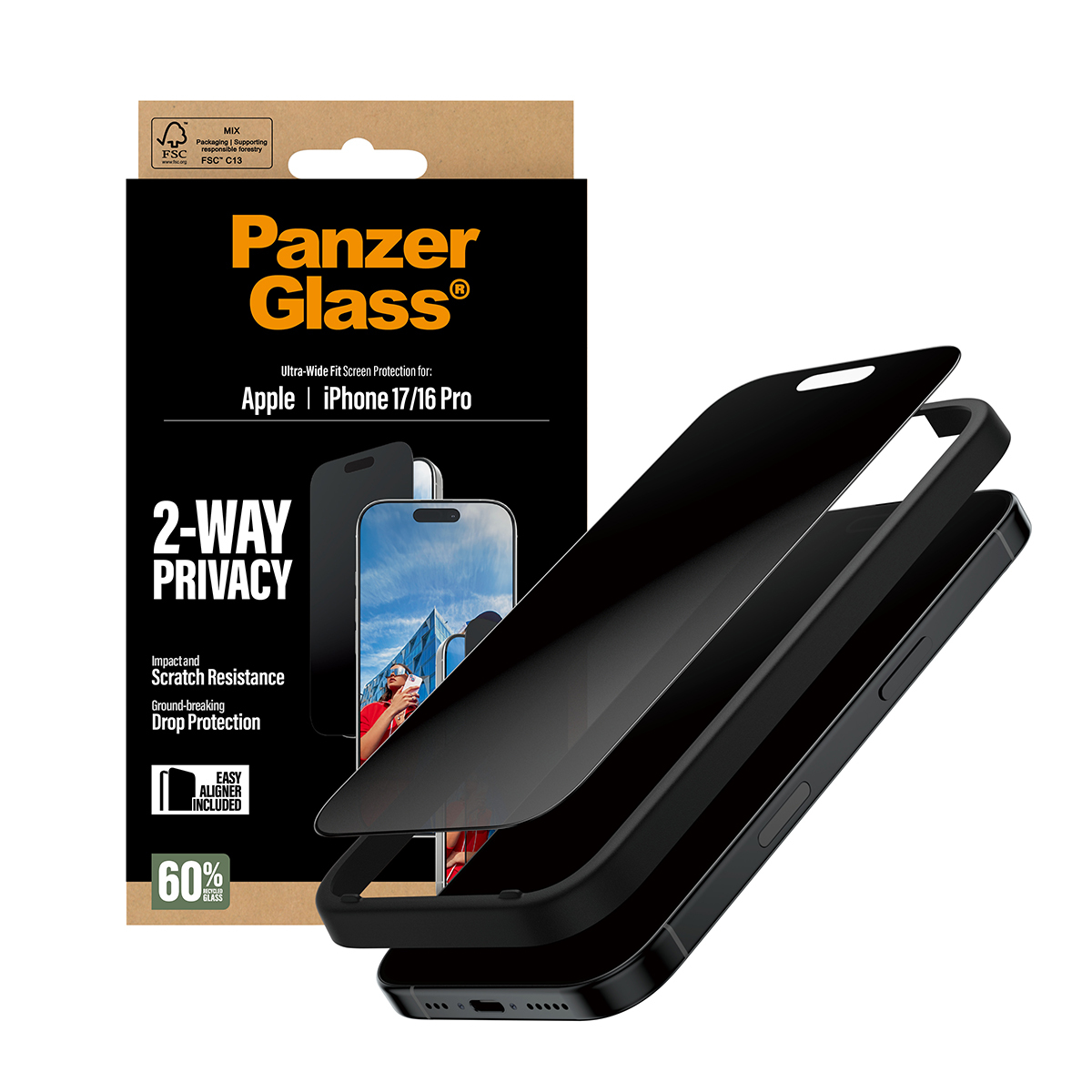 Panzer Glass Displayschutz für iPhone 17/16 Pro mit 2-Wege-Privatsphäre und Ausrichtehilfe.