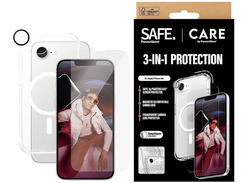 PanzerGlass Care Fashion 3-in-1 Set Backcover, für Apple iPhone 16e, Transparent/Weiß; Schutzhülle, Display- und Kameraschutz — Foto 5 von 5