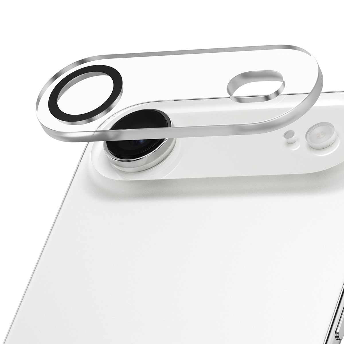 Eine transparente Schutzhülle für eine weiße Smartphone-Kamera.