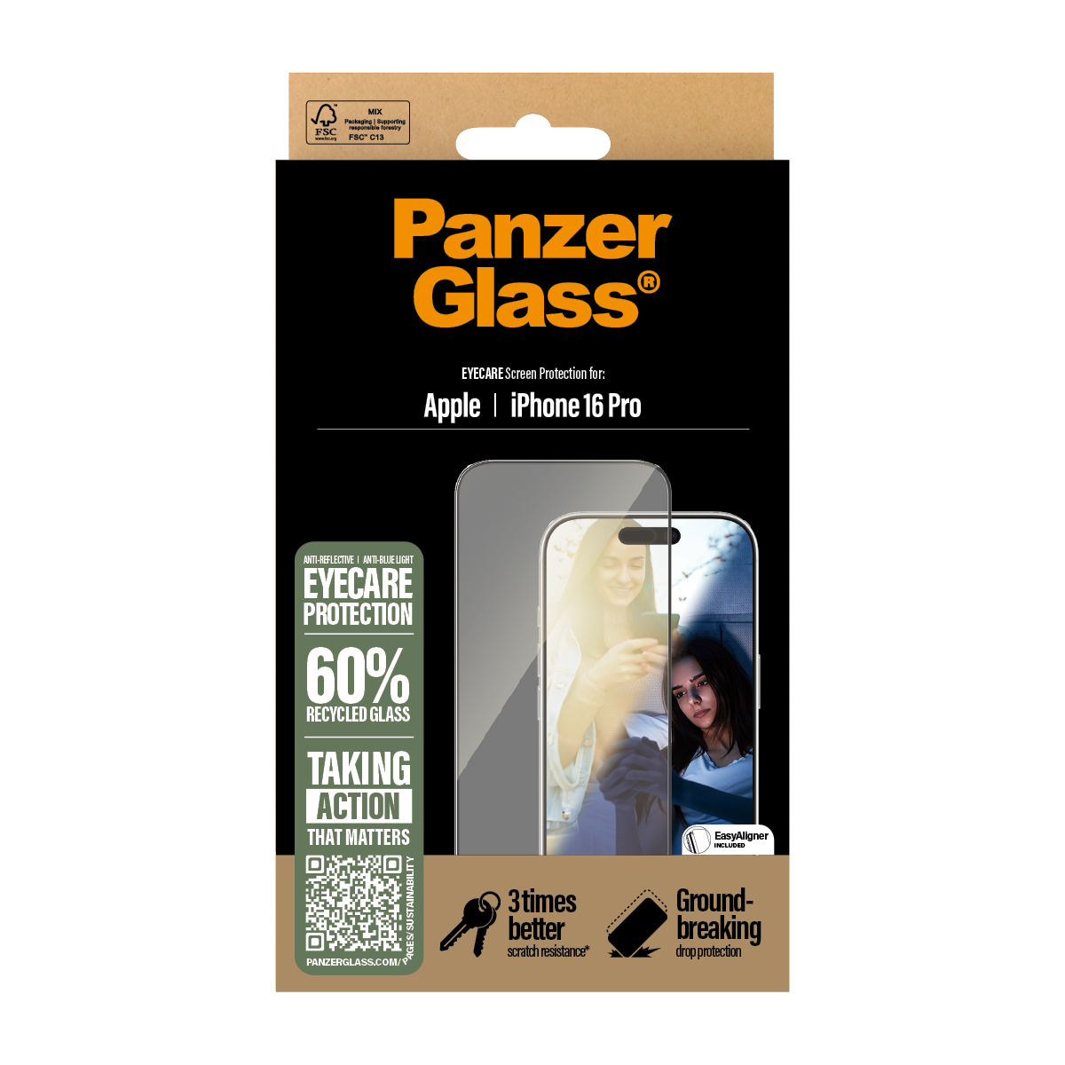 Panzer Glass Hülle für Apple iPhone 16 Pro mit Augenschutz, 60% recycelt.
