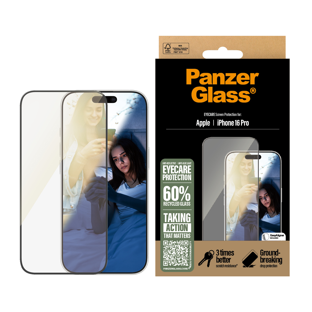 Panzer Glass Hülle für iPhone 16 Pro mit Augenschutz und 60 % recyceltem Glas.