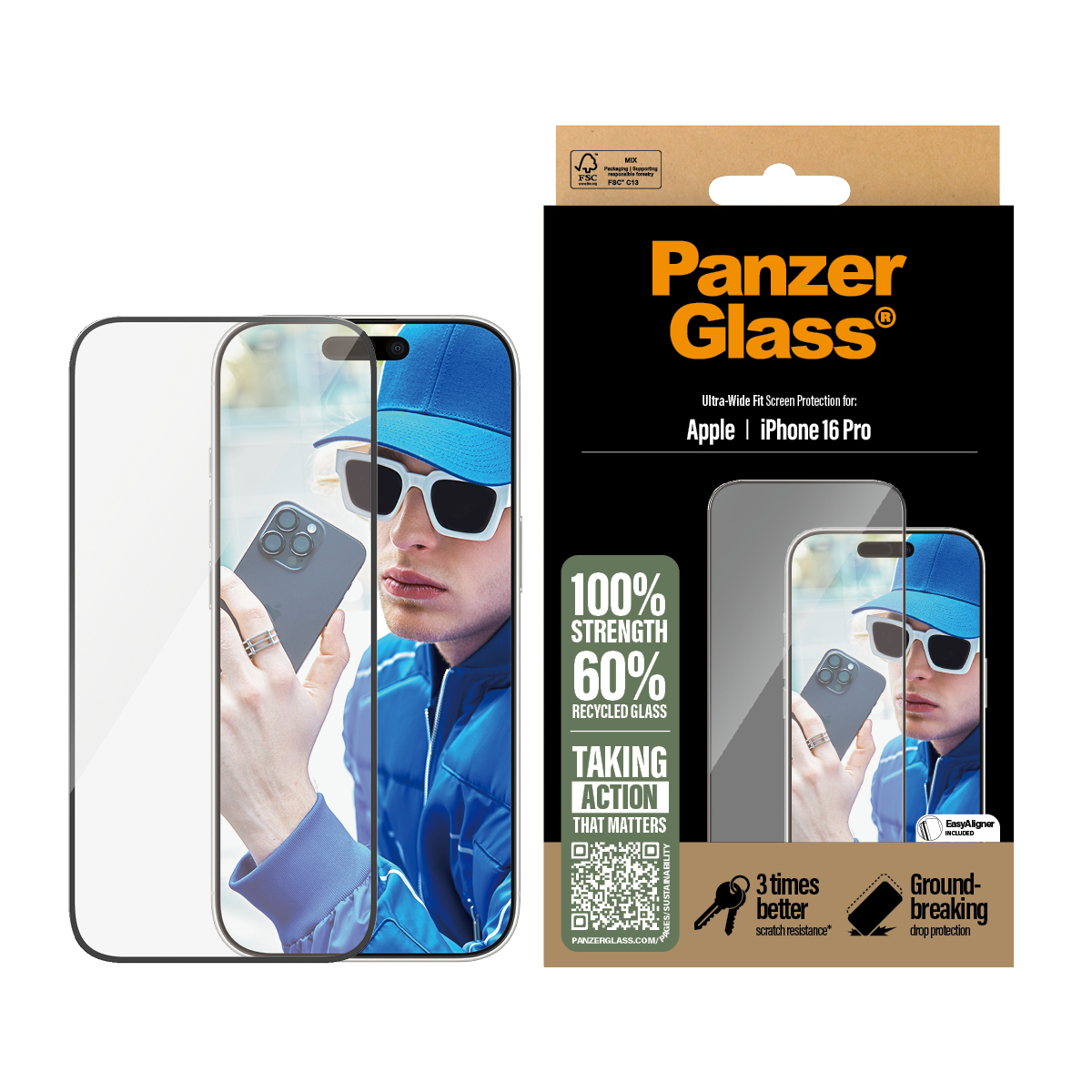 Verpackung für Panzer Glass Displayschutz für iPhone 16 Pro mit Mann und Handy.