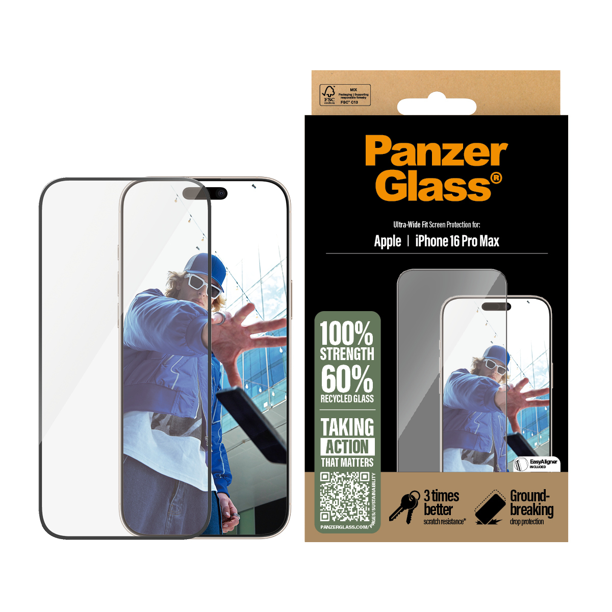 Panzer Glass Schutzfolie für iPhone 16 Pro Max mit Mann im Hintergrund.