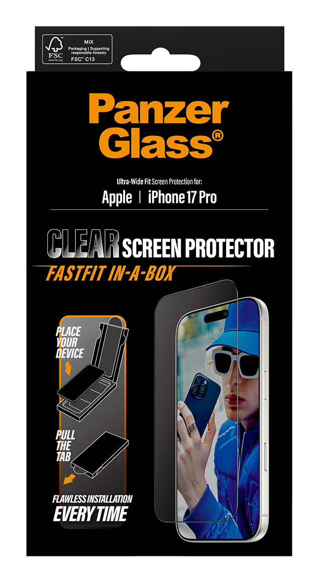 Verpackung für Panzer Glass iPhone 17 Pro Displayschutzfolie mit Installationsanleitung.