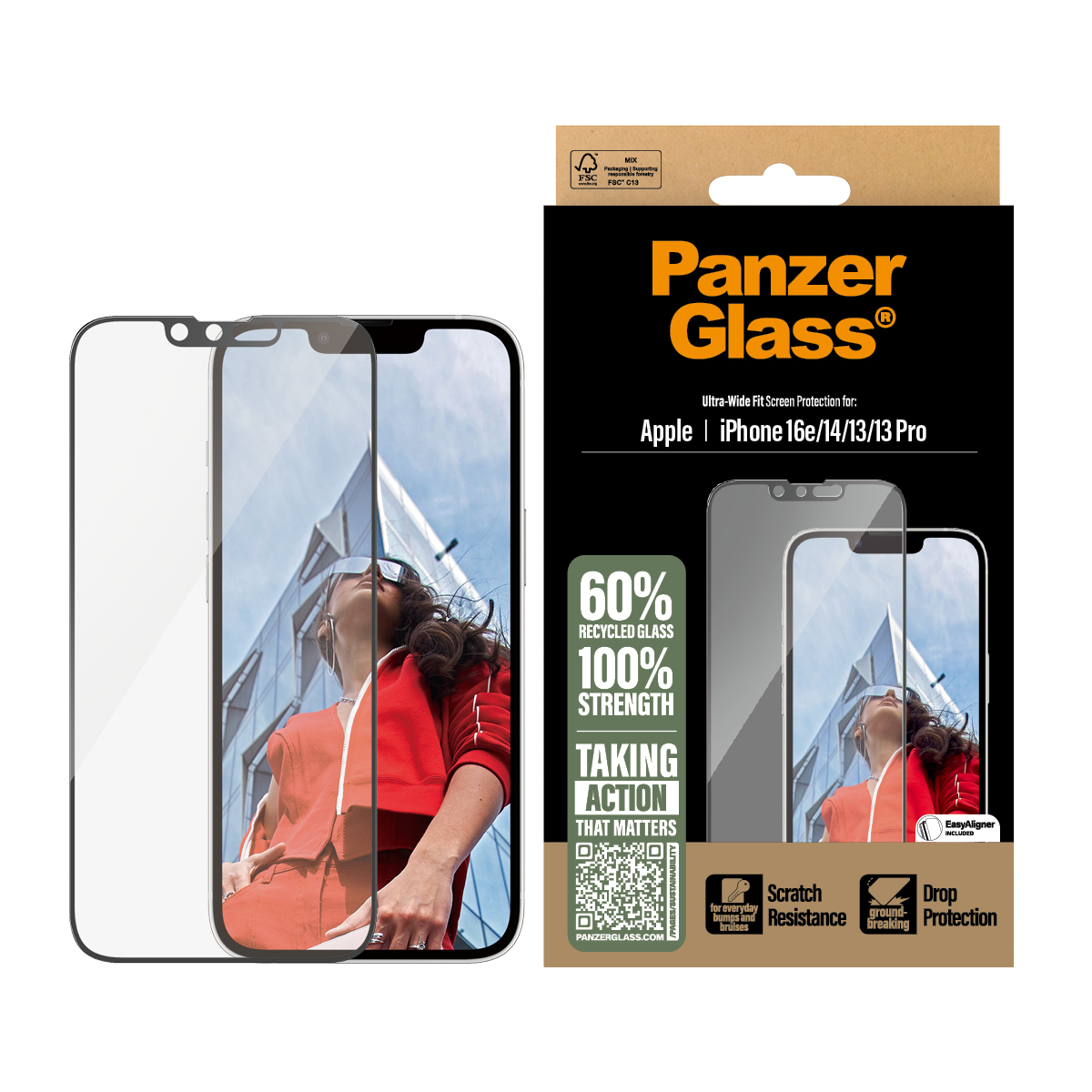 Verpackung für Panzer Glass Displayschutzfolie für iPhone 16e/14/13/13 Pro.