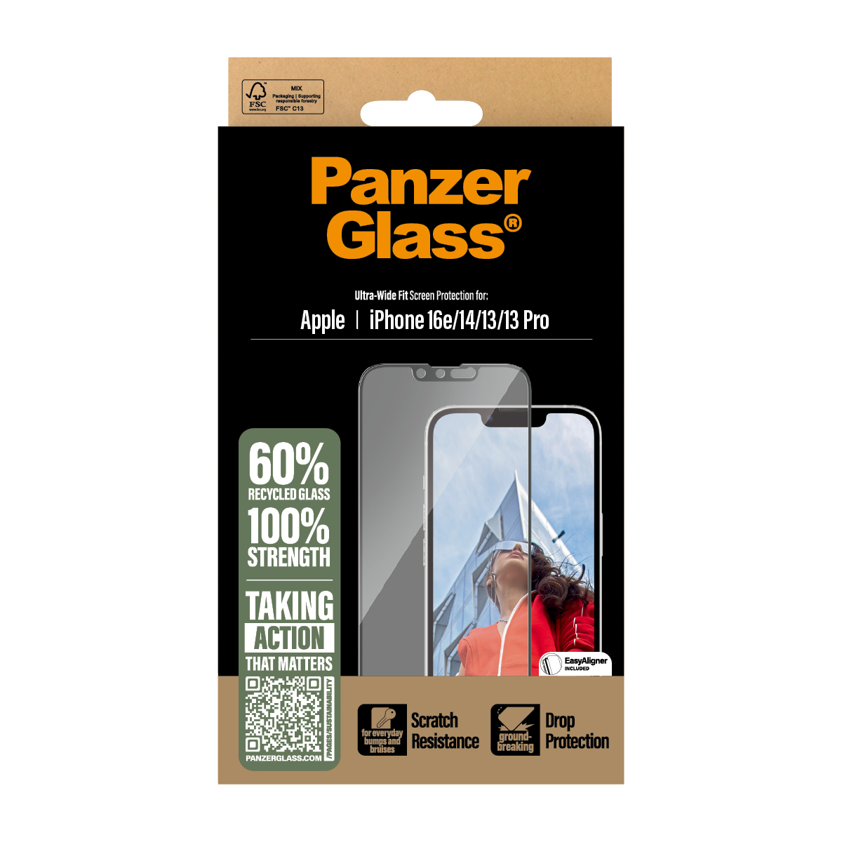Verpackung für Panzer Glass Displayschutzfolie für Apple iPhone 16e/14/13/13 Pro.