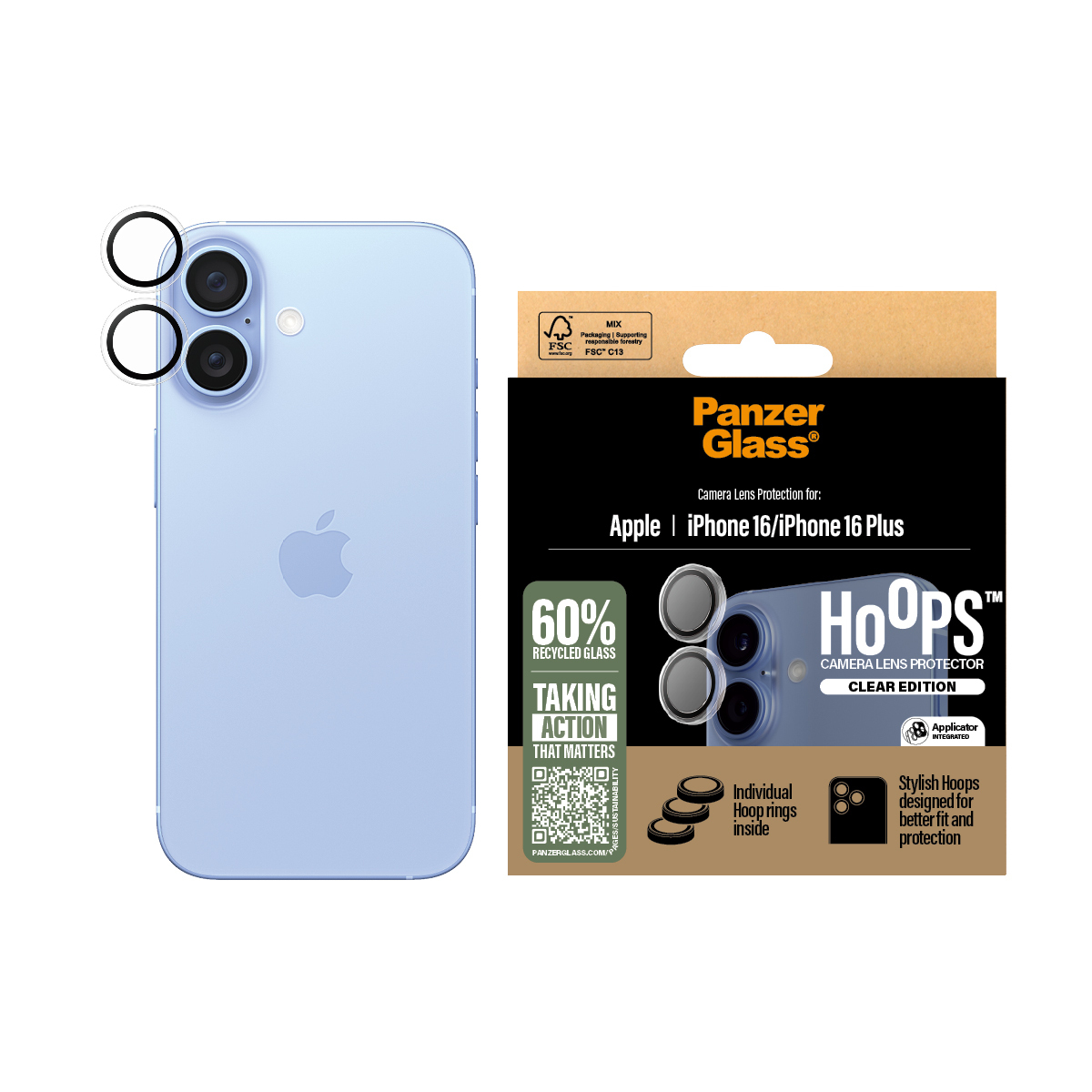 Ein hellblaues iPhone mit Kameralinsenschutz-Verpackung von Panzer Glass.