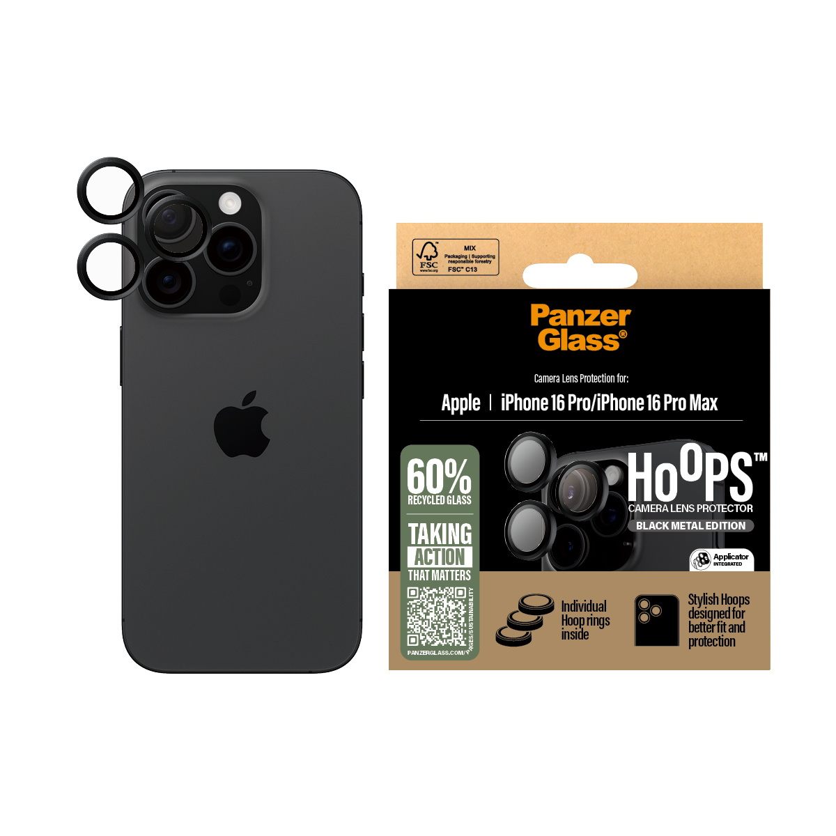 Schwarzes iPhone mit PanzerGlass HOOPS Kameraobjektivschutz und Verpackung.