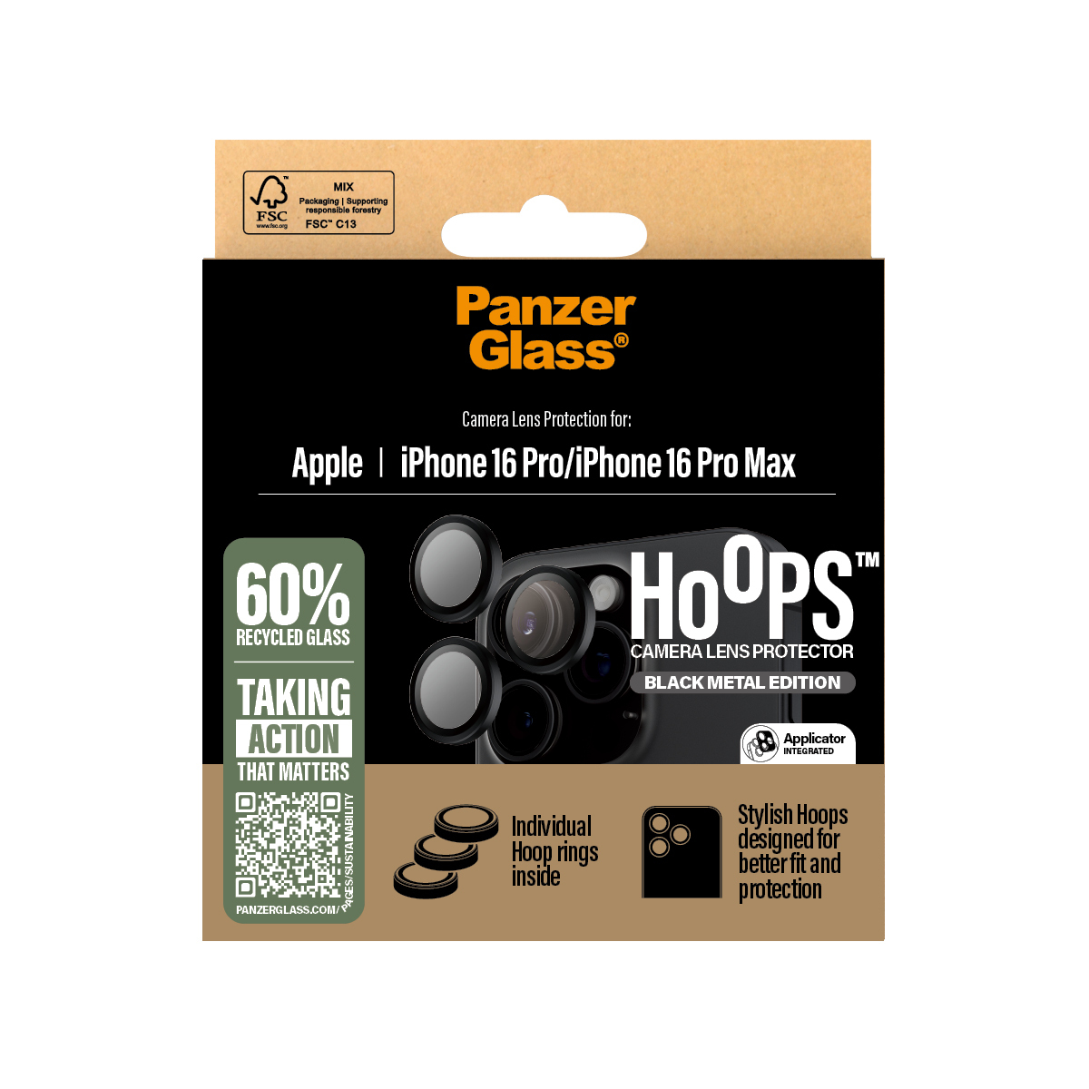 Verpackung für Panzer Glass iPhone 16 Pro Kameraschutz mit 60% Recyclingglas.