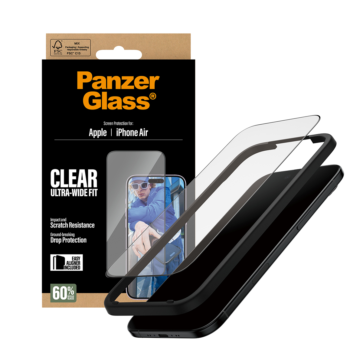 Panzer Glass Displayschutzfolie für iPhone Air auf einem schwarzen Handy.