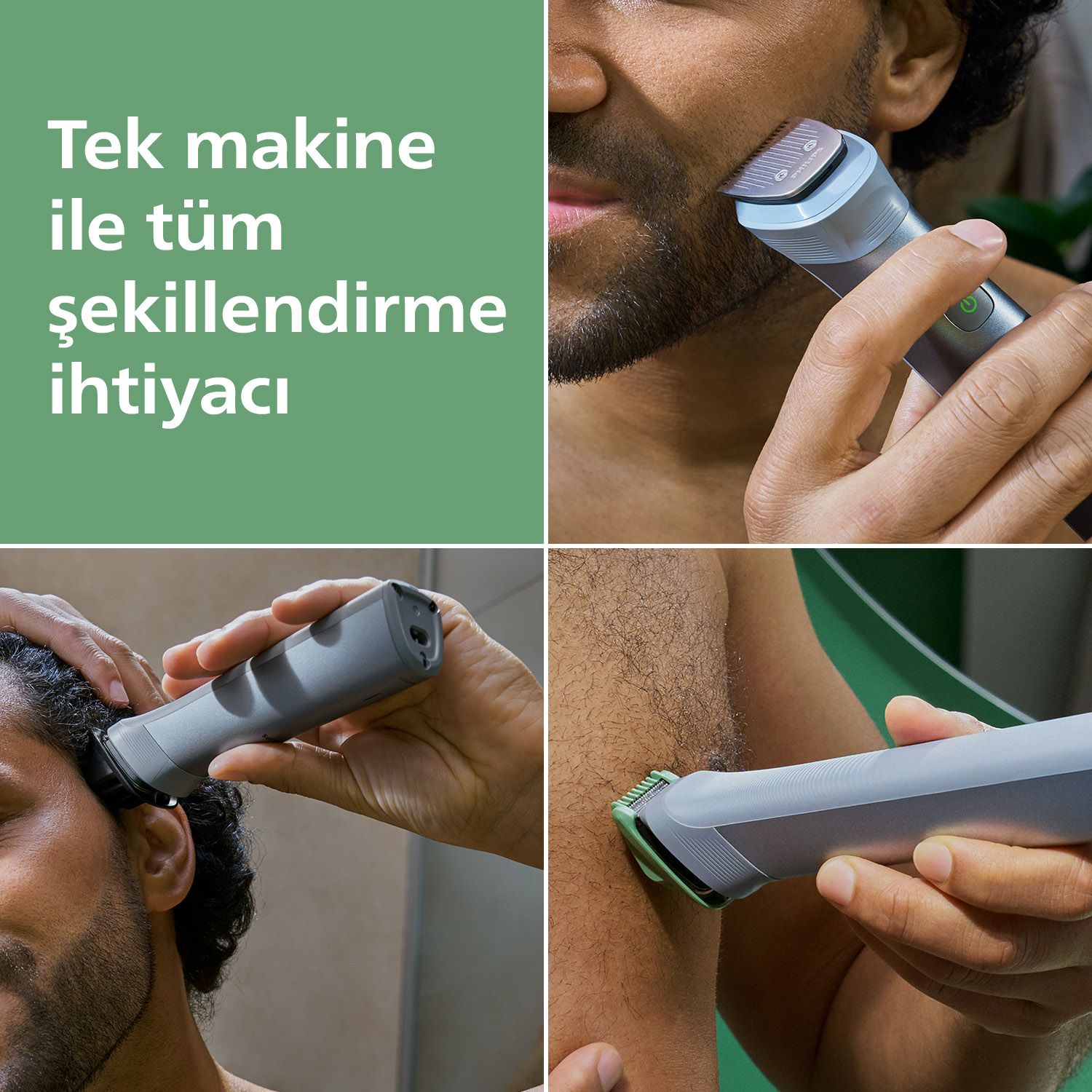 Bir adam yüzünde, başında ve kolunda düzeltici kullanıyor. Yakın çekimler.