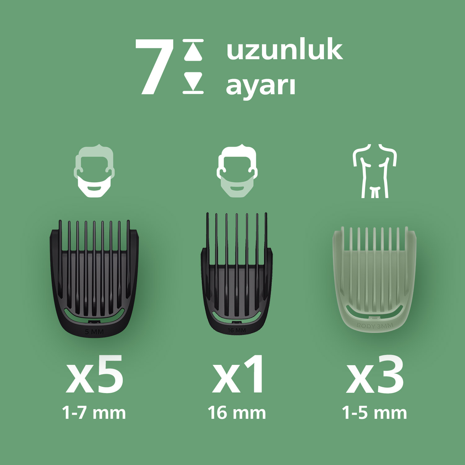 Üç düzeltici başlığı: 5mm, 16mm, 3mm. Uzunluklar 1-7mm, 16mm, 1-5mm.