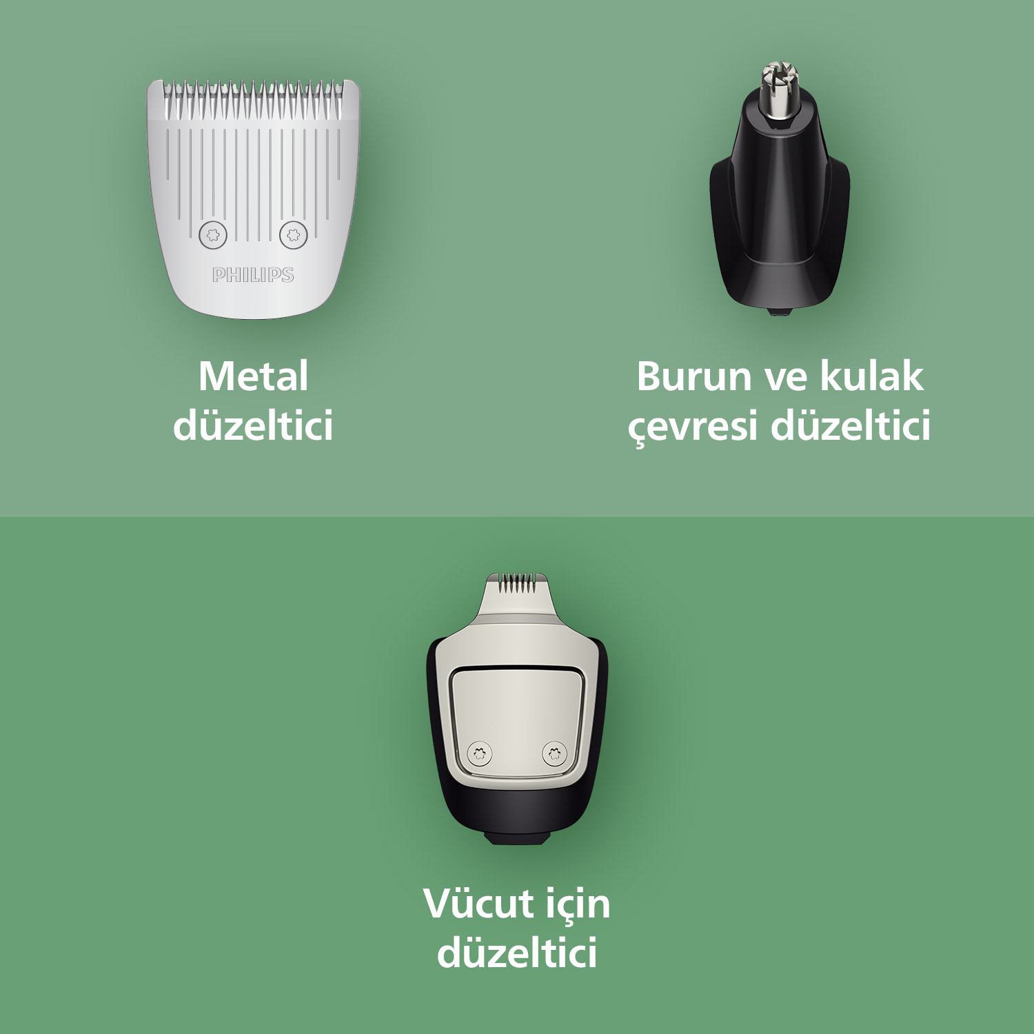 Üç tıraş başlığı: metal, burun/kulak ve vücut
