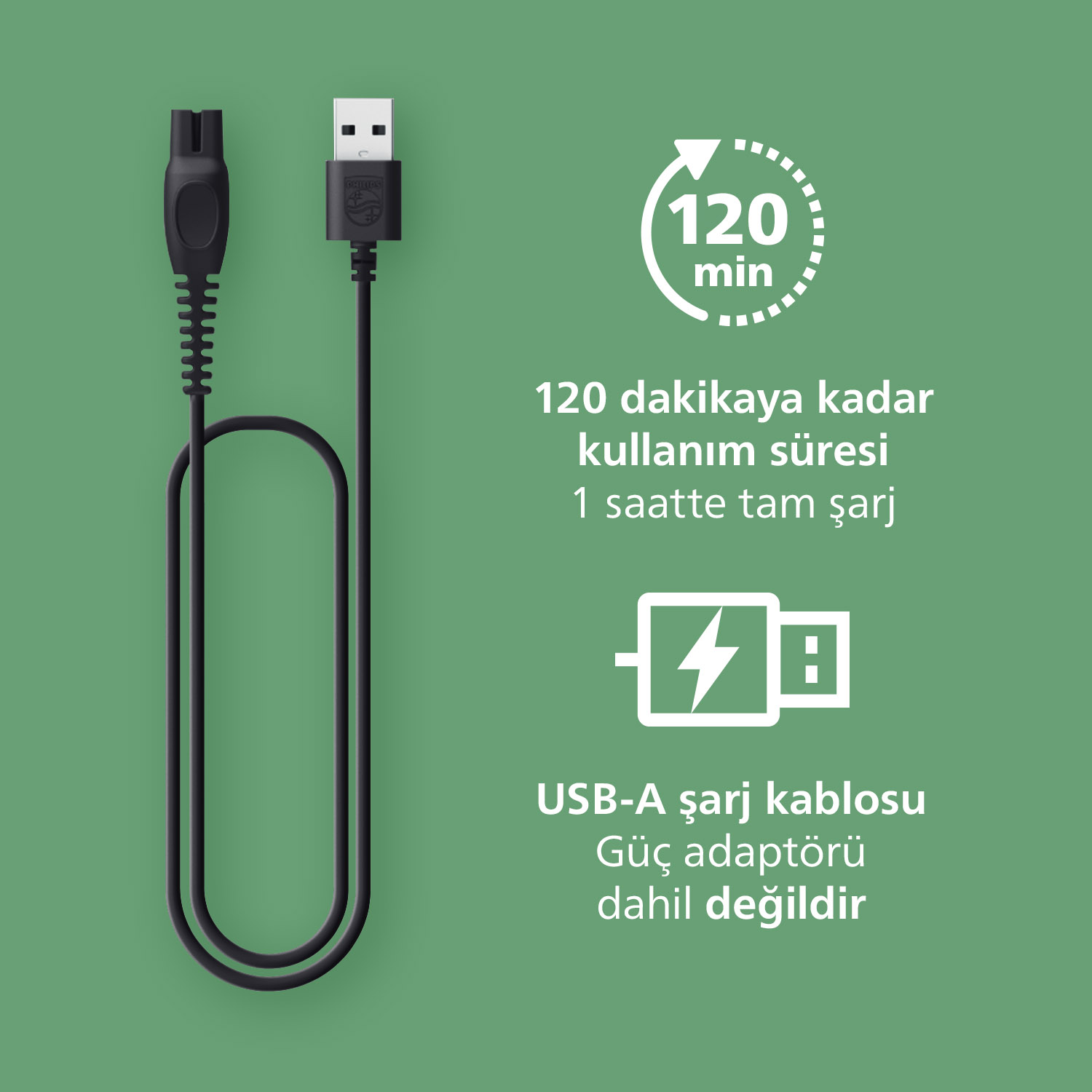 Philips logolu siyah USB-A şarj kablosu, 120 dk kullanım.