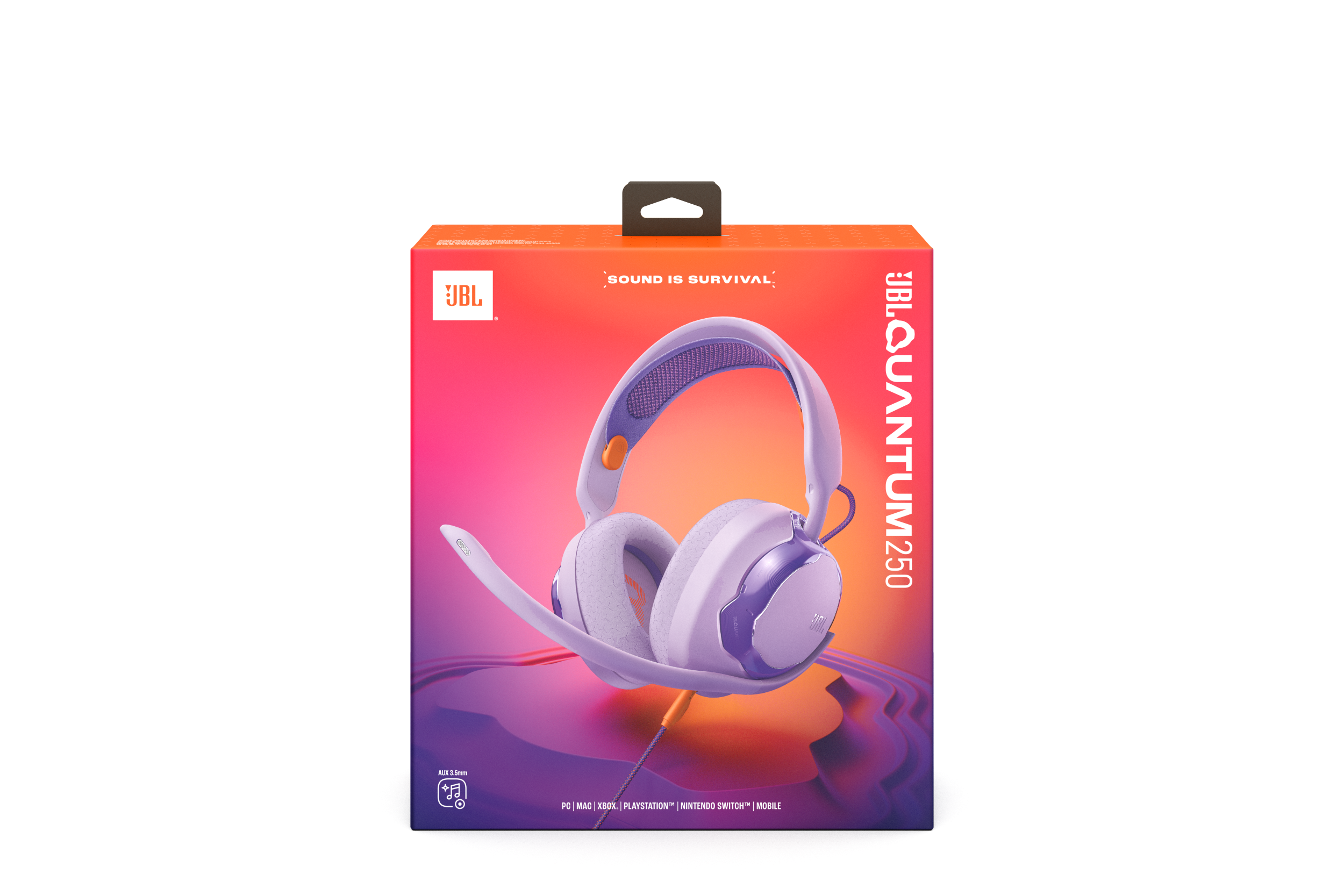 Turuncu ve mor kutu üzerinde mor JBL Quantum 250 oyun kulaklığı.