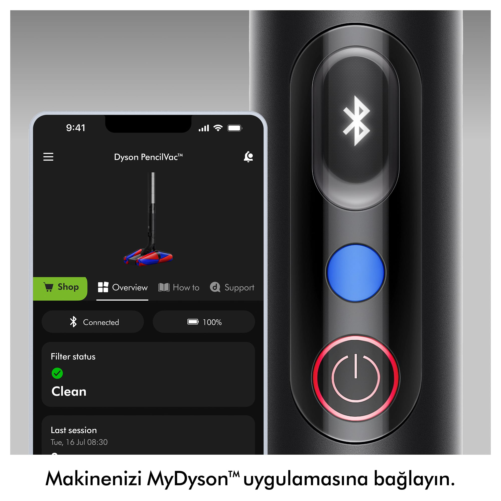 Dyson uygulaması temizlik durumunu gösterir. Bluetooth ve güç düğmeli bir cihaz görünür.