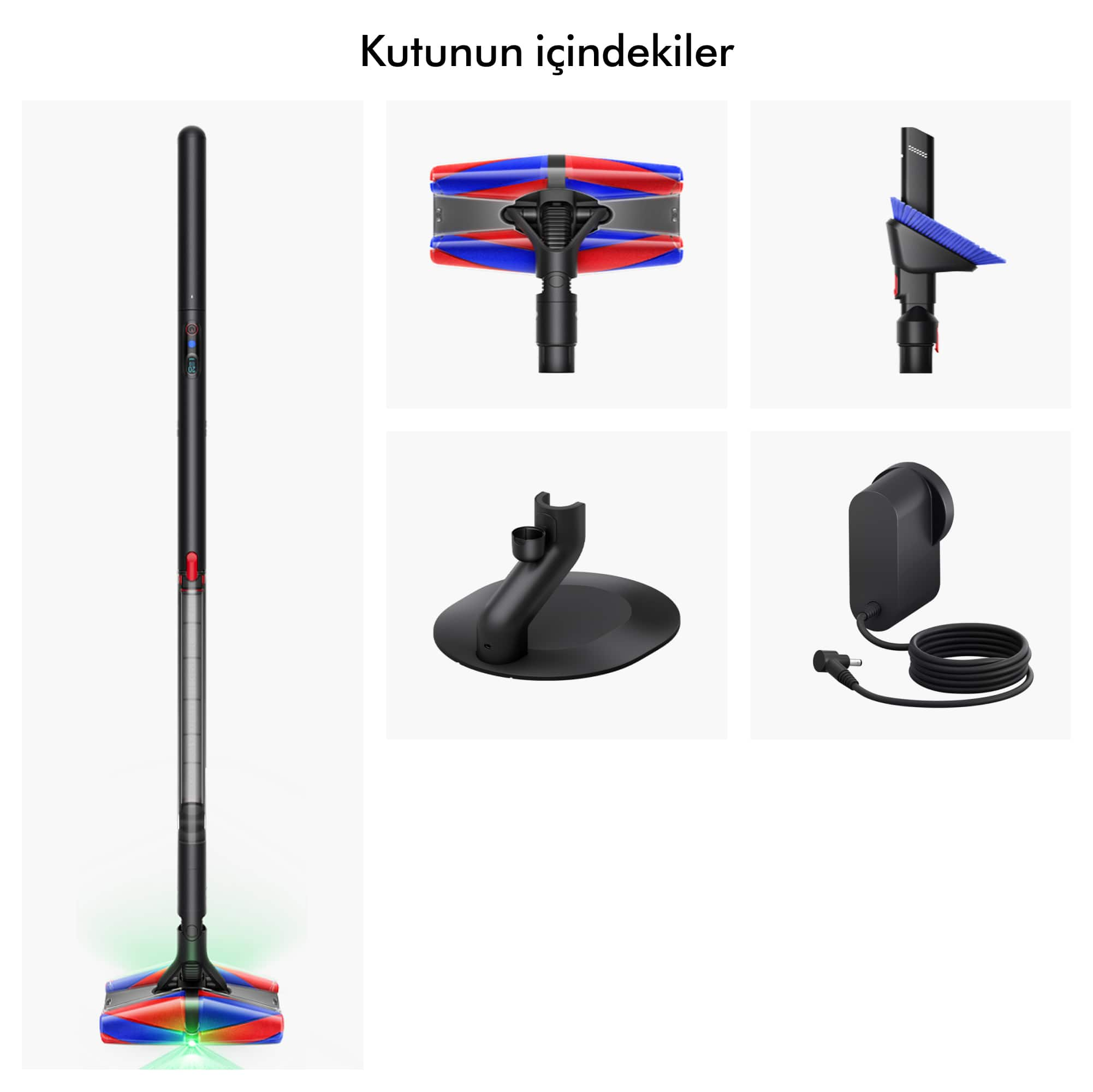 Aksesuarli kablosuz süpürge: fırça başlığı, duvar askısı, şarj cihazı.