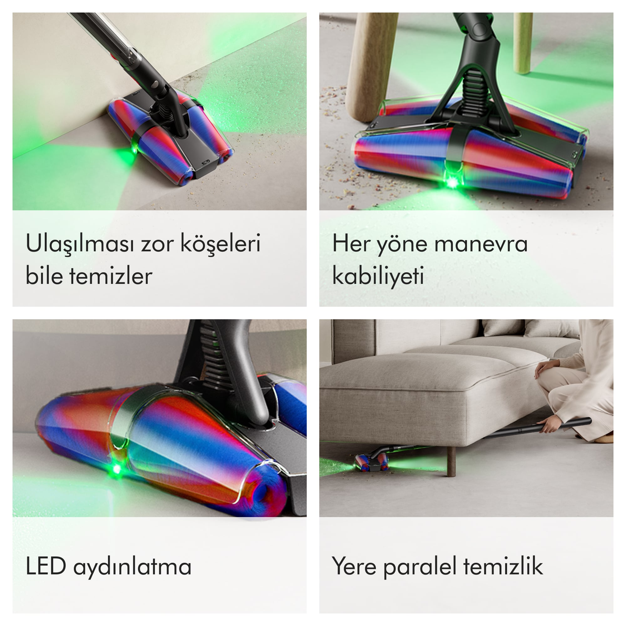LED ışıklı elektrikli süpürge başlığı köşeleri ve mobilya altını temizler.