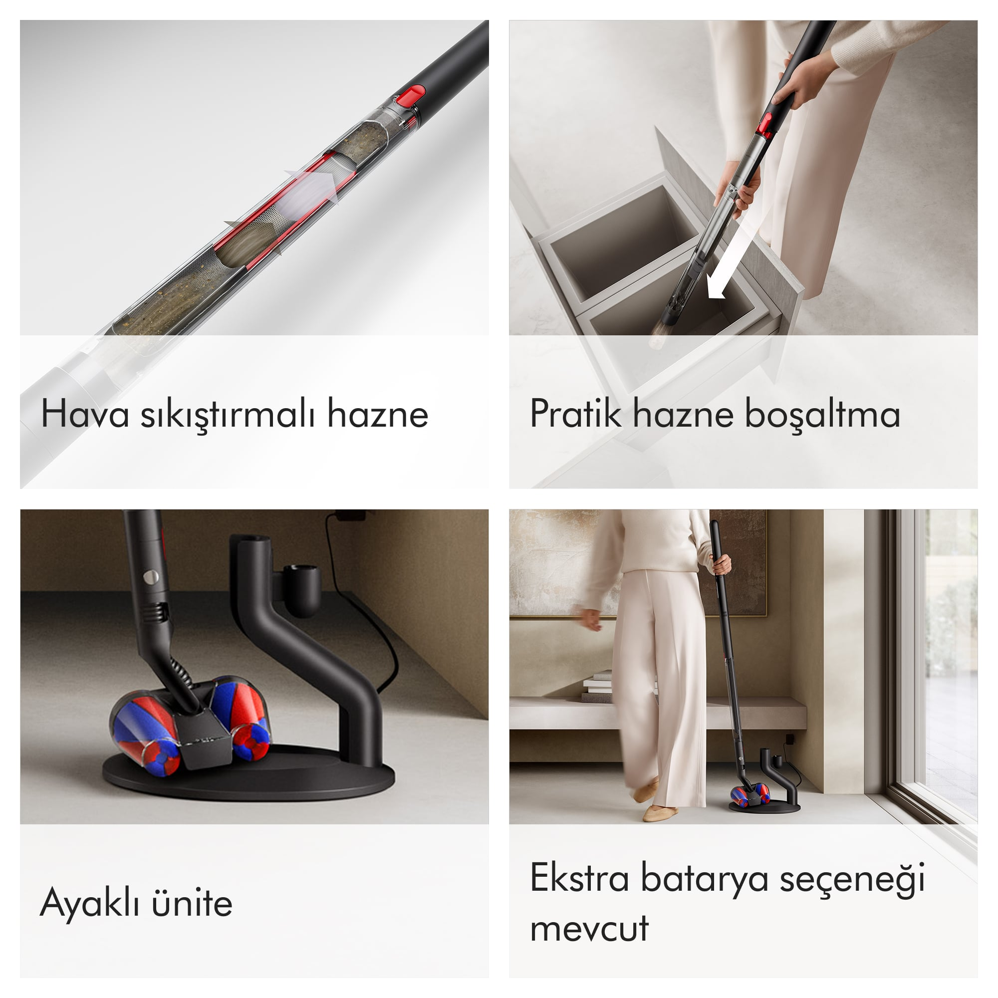 Süpürge detayları: sıkıştırılmış hazne, boşaltma, şarj istasyonu, ekstra pil.