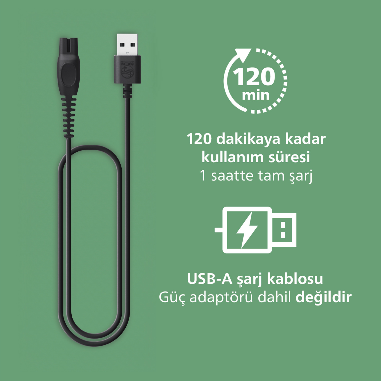 Philips logolu siyah USB-A şarj kablosu, 120 dk kullanım süresi.