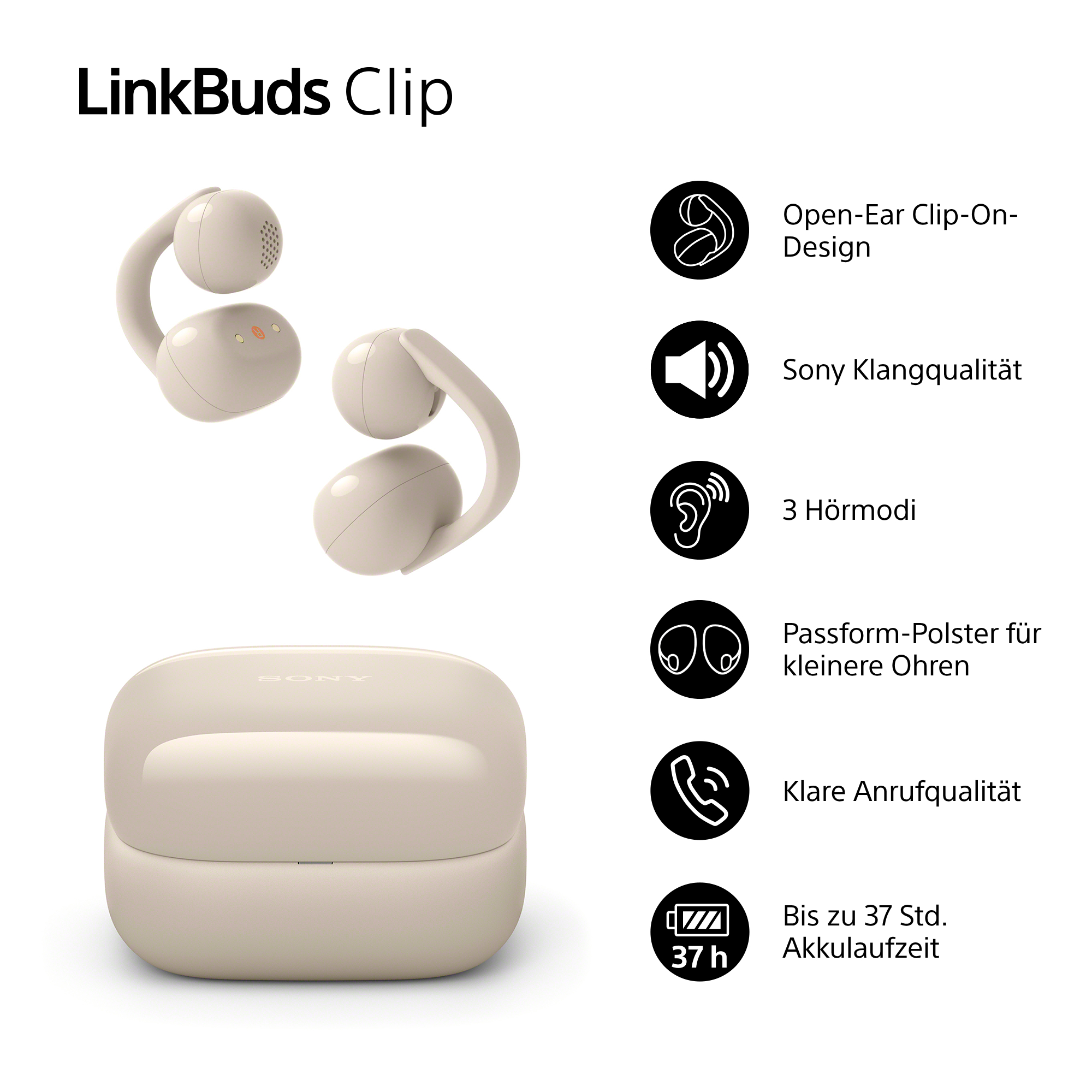 LinkBuds Clip: beige Ohrhörer mit Ladecase und Features.