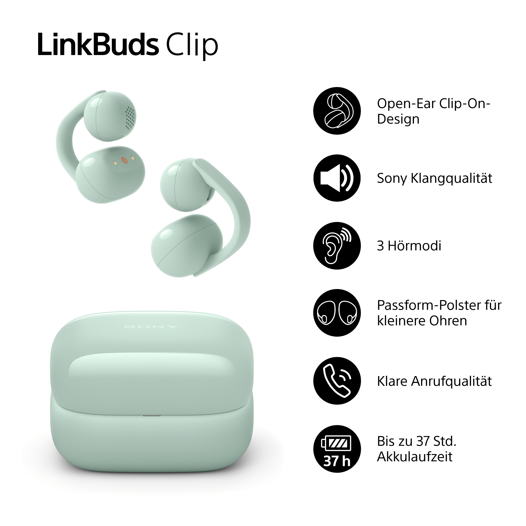 LinkBuds Clip: Hellgrüne Ohrhörer und Ladecase, mit Icons für Design, Klang, Modi, Passform, Anrufe und Akku.