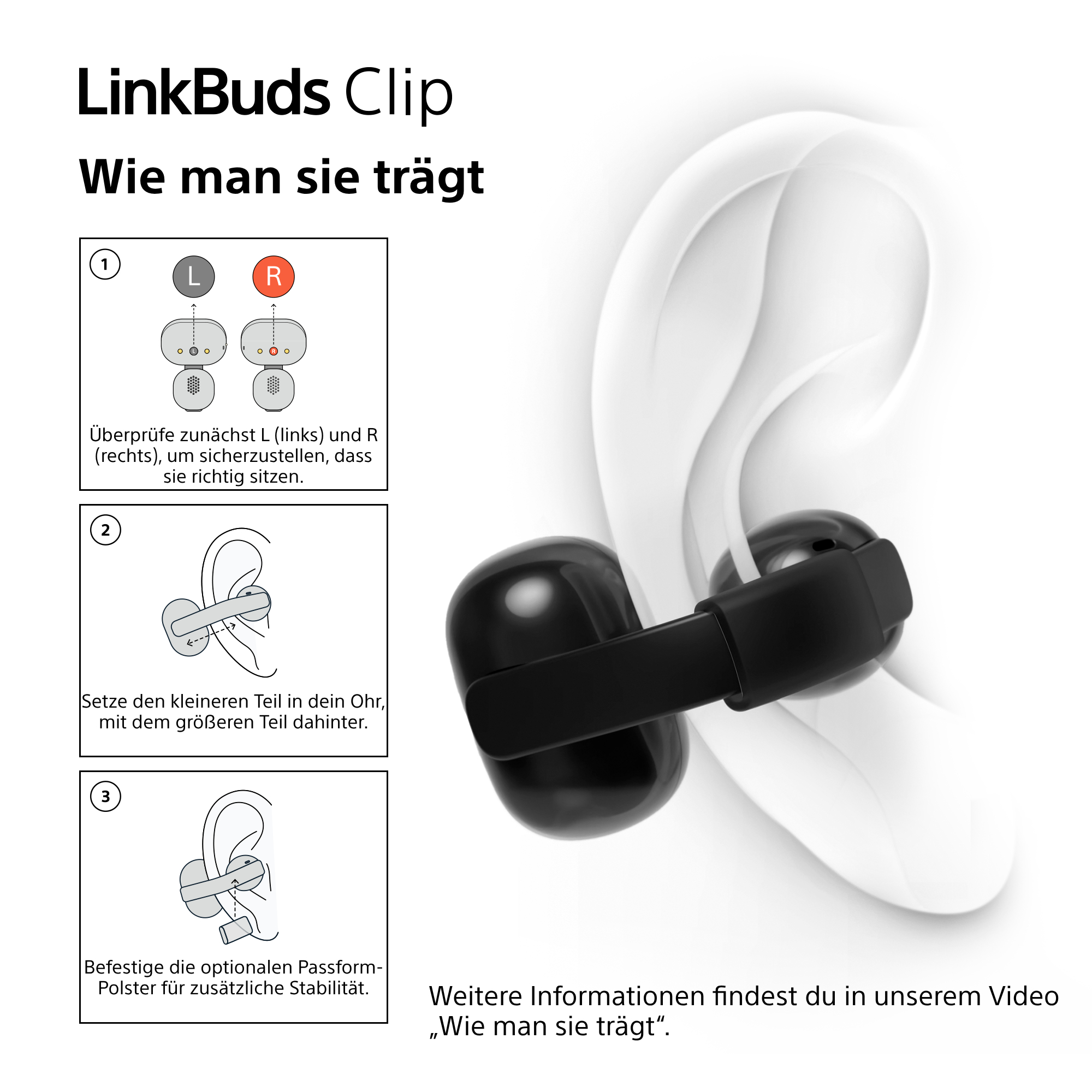 Schwarze LinkBuds Clip Kopfhörer werden im Ohr platziert.