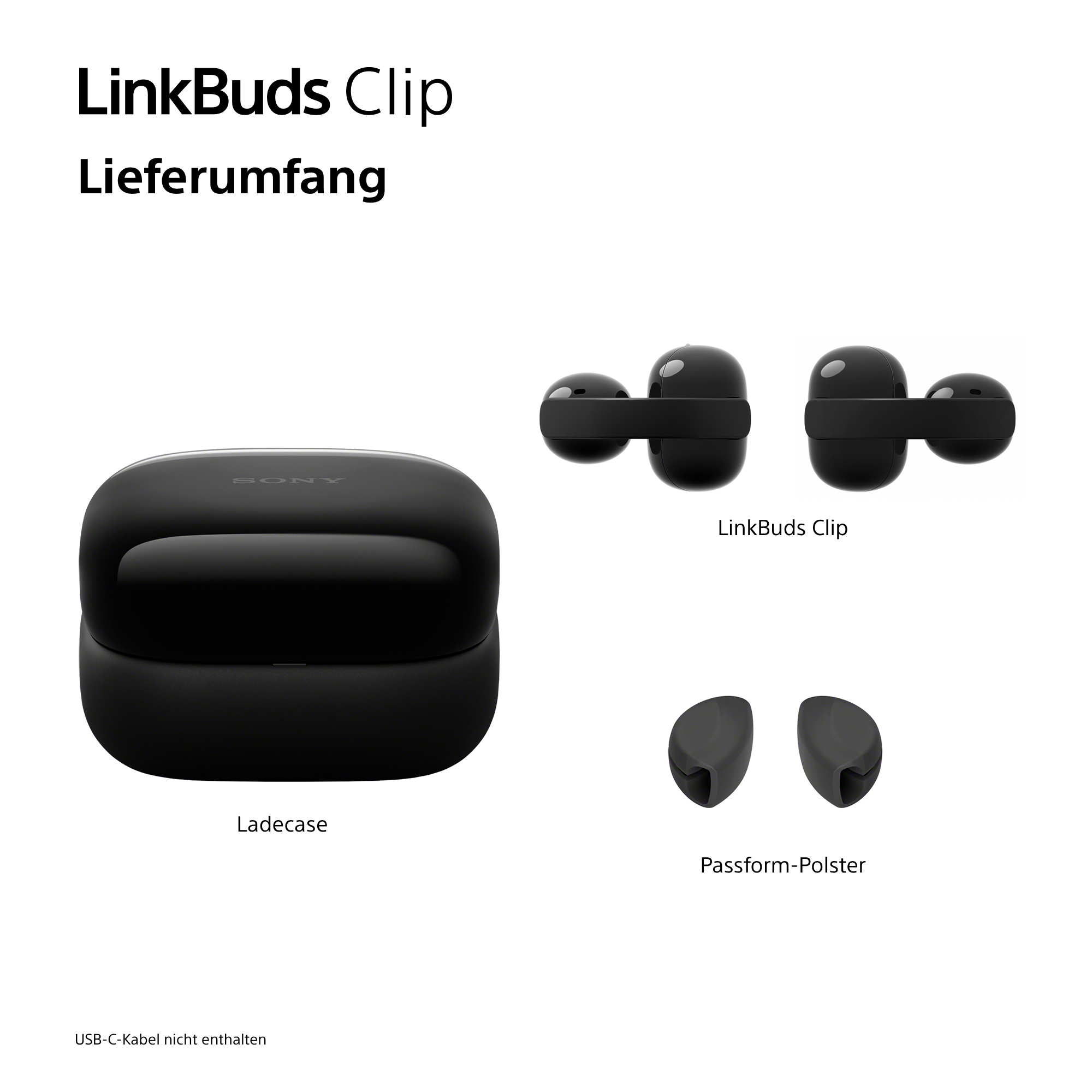 Schwarzes Ladecase und zwei Sony LinkBuds Clip Ohrhörer mit Polstern.