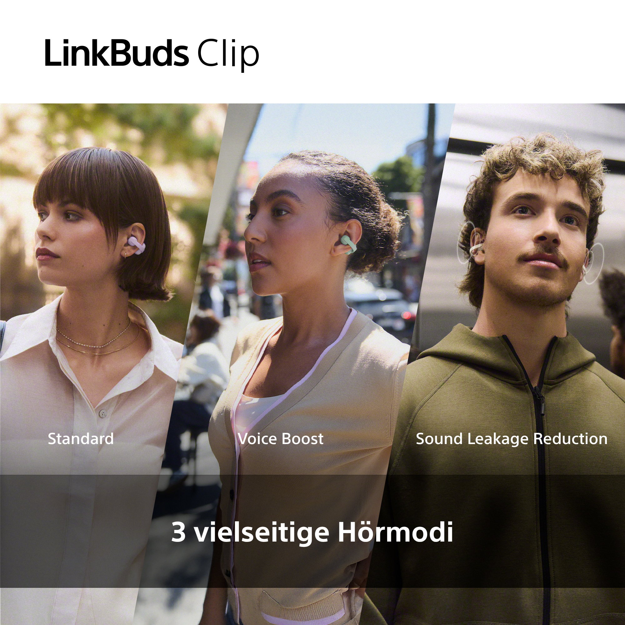 Drei Personen mit Kopfhörern in verschiedenen Modi: Standard, Voice Boost, Geräuschreduzierung.