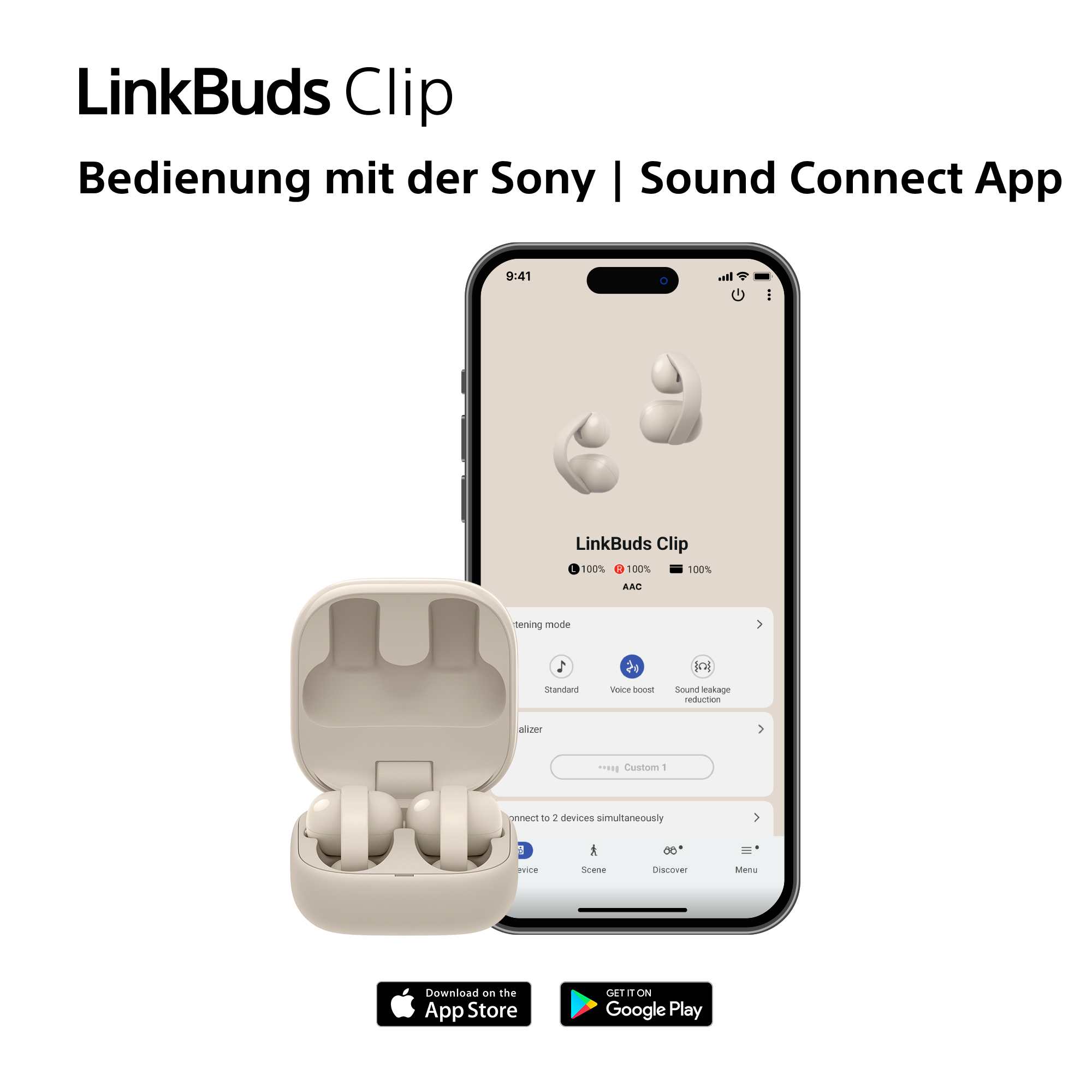 LinkBuds Clip Ohrhörer und App auf einem Smartphone. Beige& weiß.
