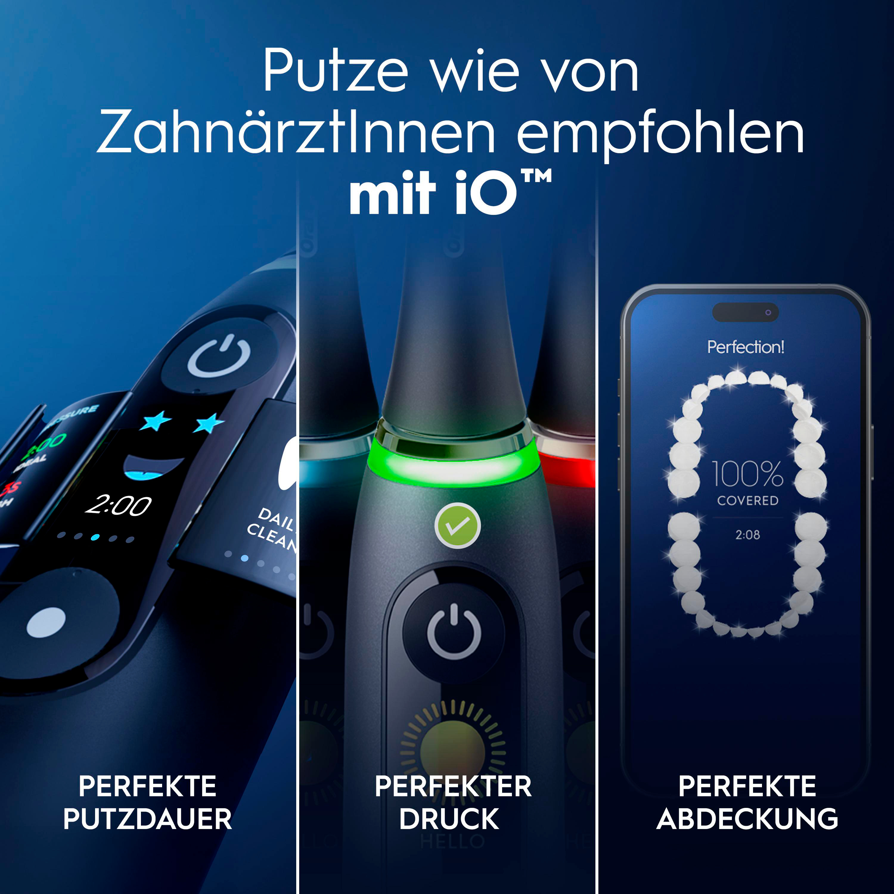 Drei elektrische Zahnbürsten und eine App zeigen Putzfunktionen.