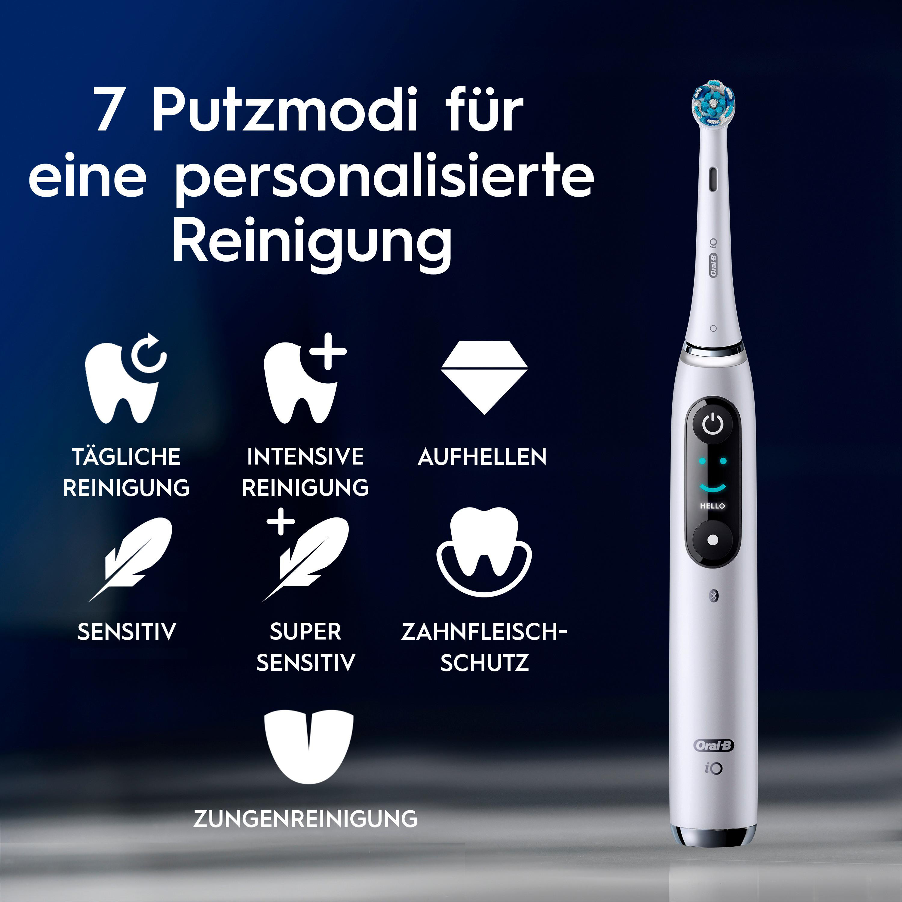 Elektrische Zahnbürste mit 7 Reinigungsmodi und Symbolen für tägliche Reinigung, Intensivreinigung, Aufhellen, Sensitiv, Super Sensitiv, Zahnfleischschutz und Zungenreinigung.