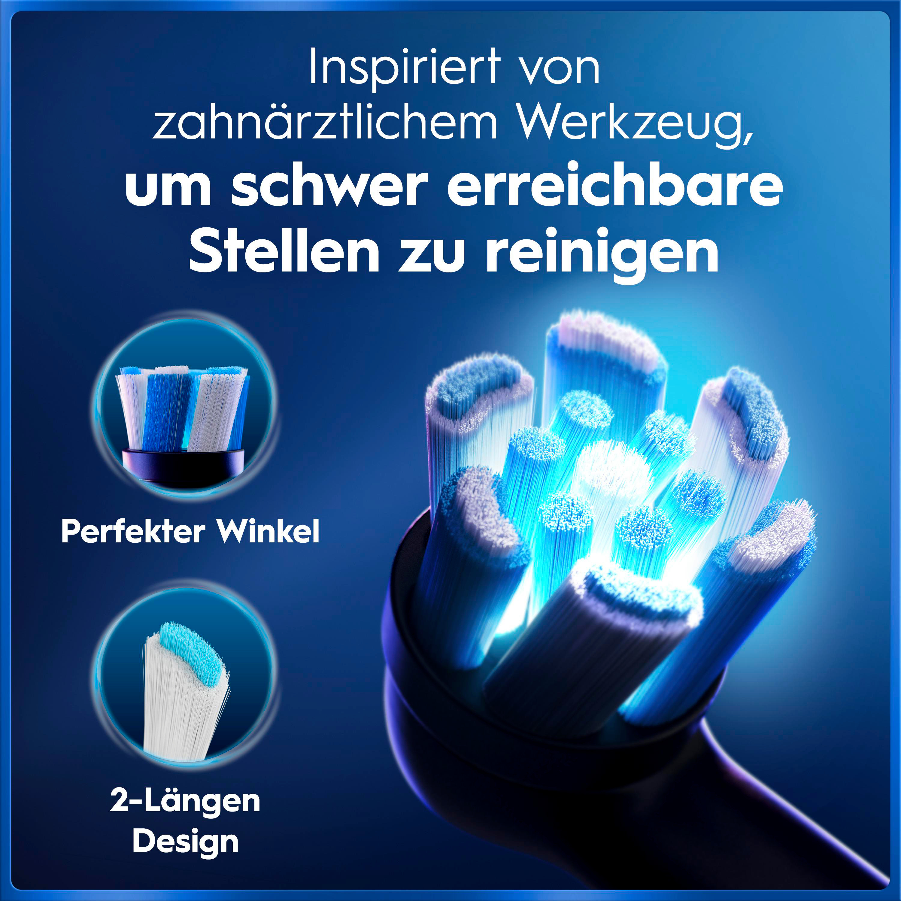 Elektrische Zahnbürstenköpfe mit blauem und weißem Borstenmuster, inspiriert von zahnärztlichem Werkzeug.