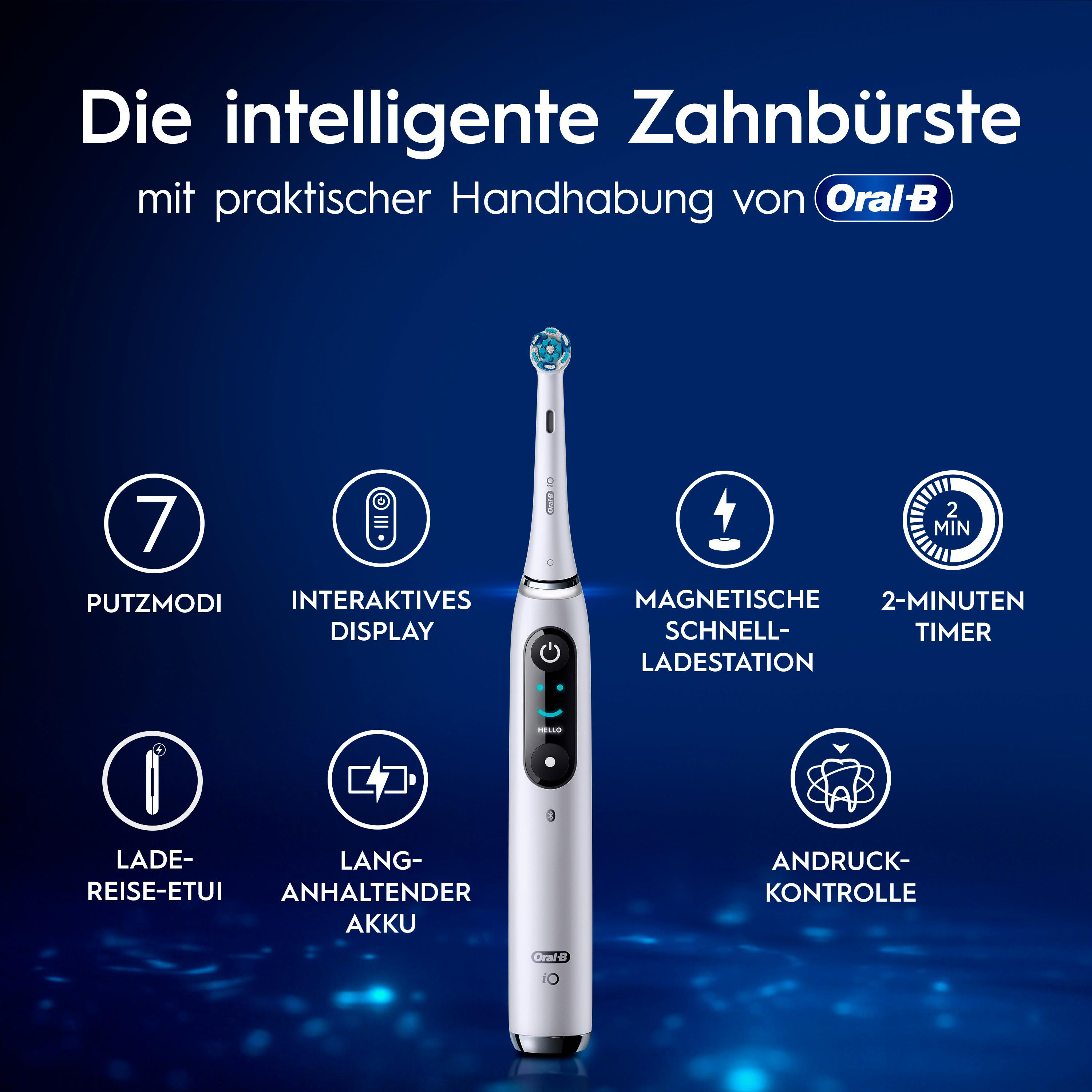 Weiße Oral-B iO Zahnbürste mit Symbolen für Funktionen wie 7 Putzmodi.