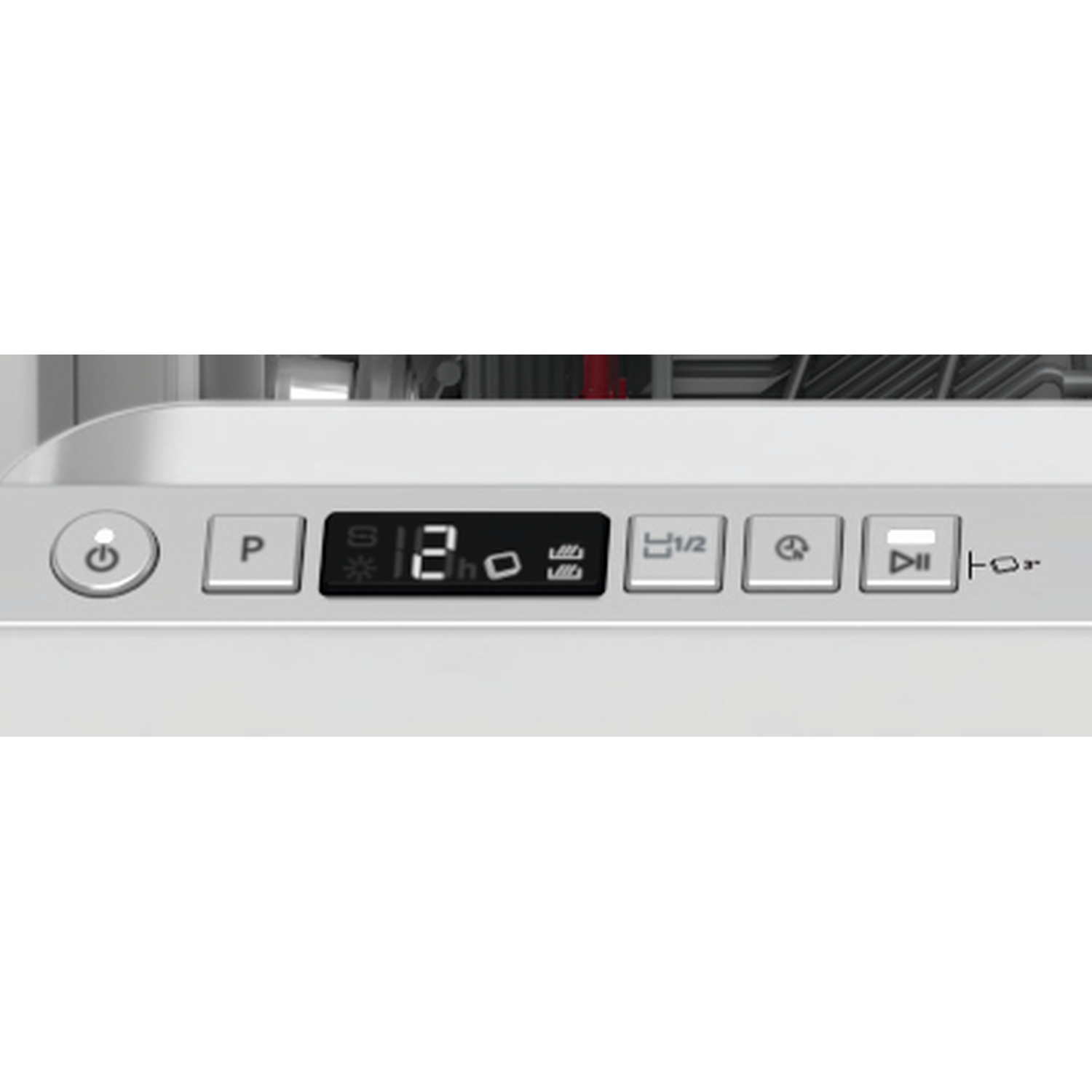 Bedieningspaneel vaatwasser met aan/uit-knop, programmaknop, digitaal display en andere bedieningselementen.