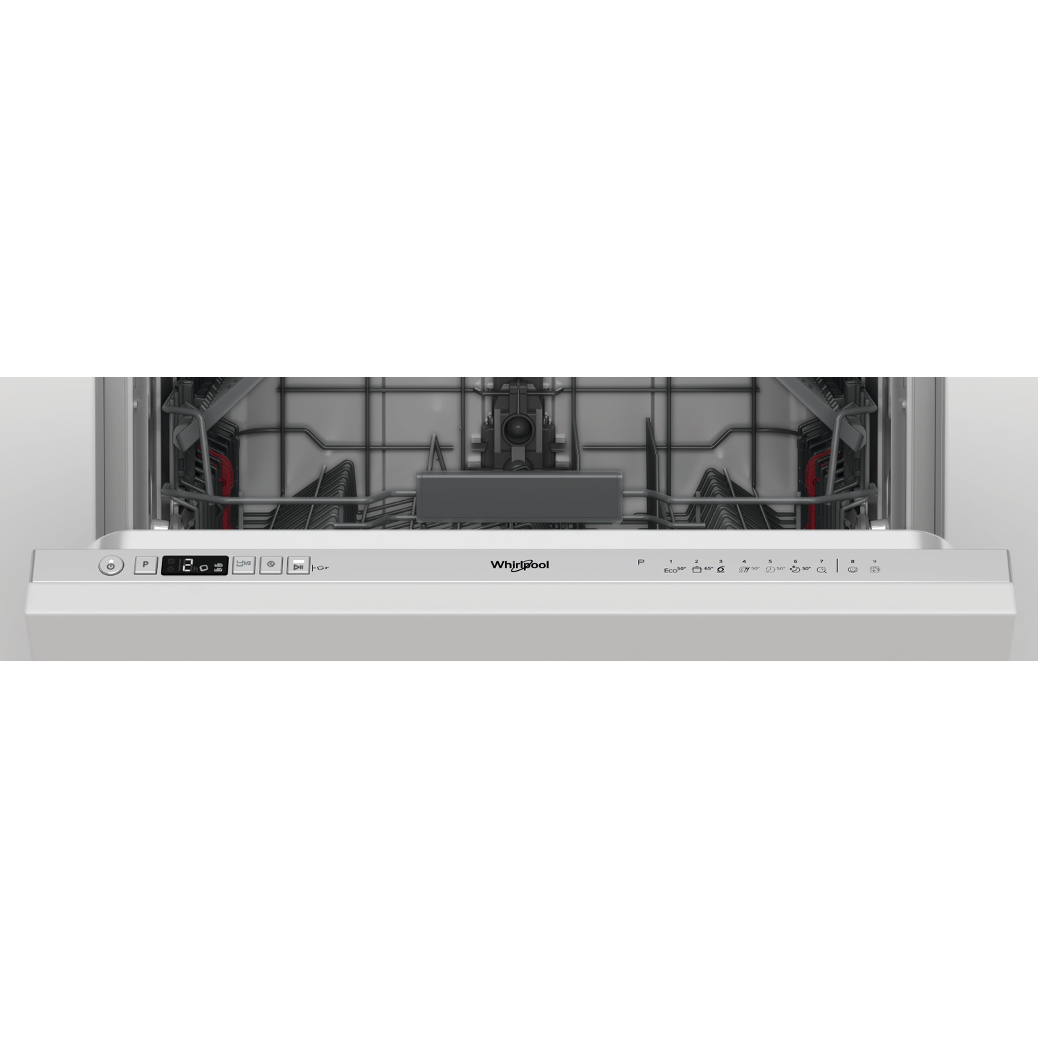 Open vaatwasser interieur met bestekkorf en bedieningspaneel.