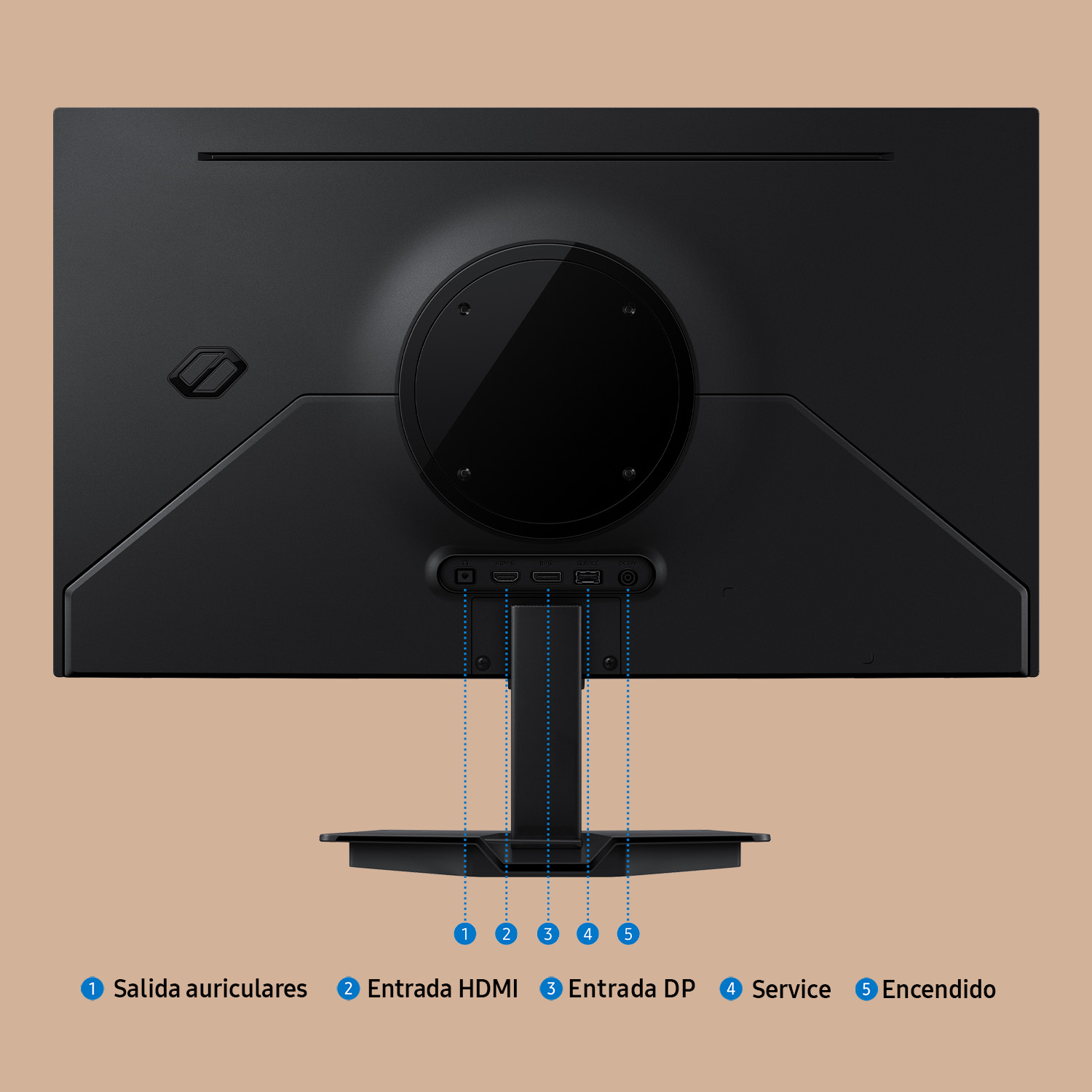 Parte posterior de un monitor negro mostrando puertos: salida auriculares, HDMI, DP, Service, Encendido.