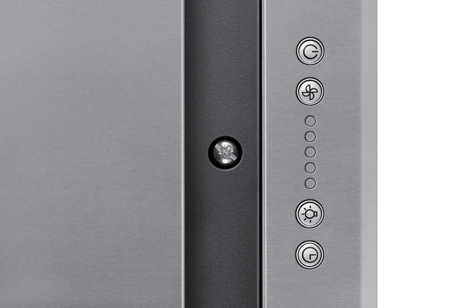 Panel de acero inoxidable cepillado con iconos de ventilador y luz e indicadores circulares.