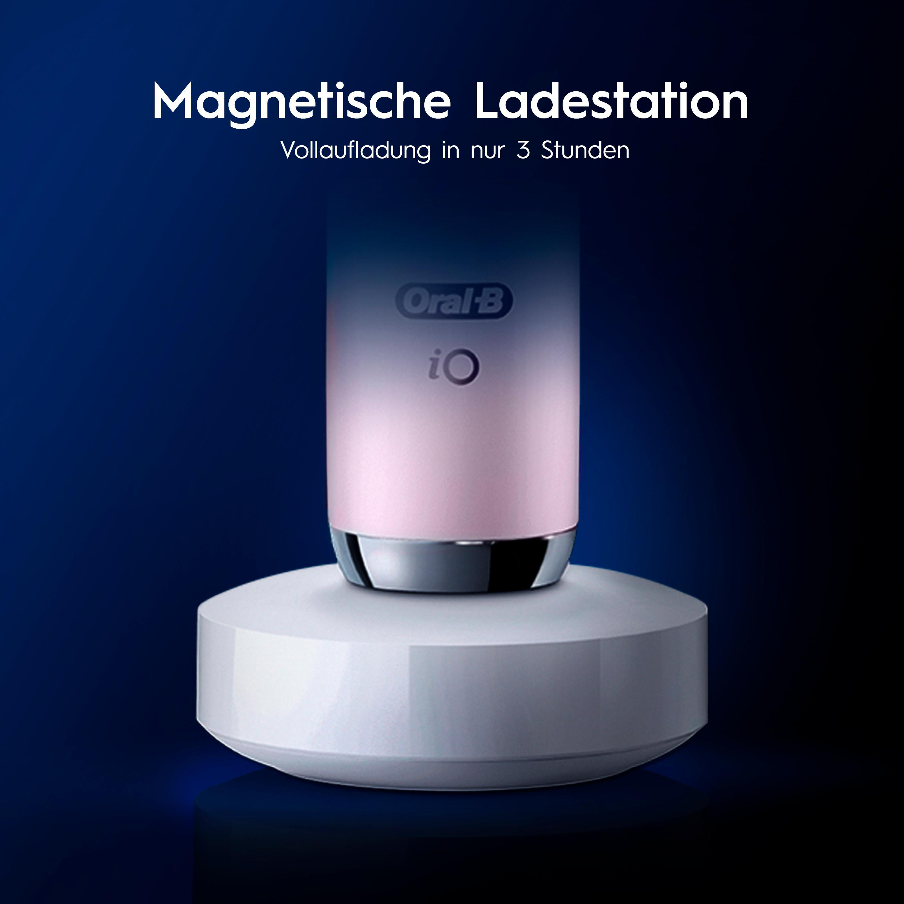 Rosa Oral-B iO Zahnbürste auf Ladestation. Volle Ladung in 3 Std.
