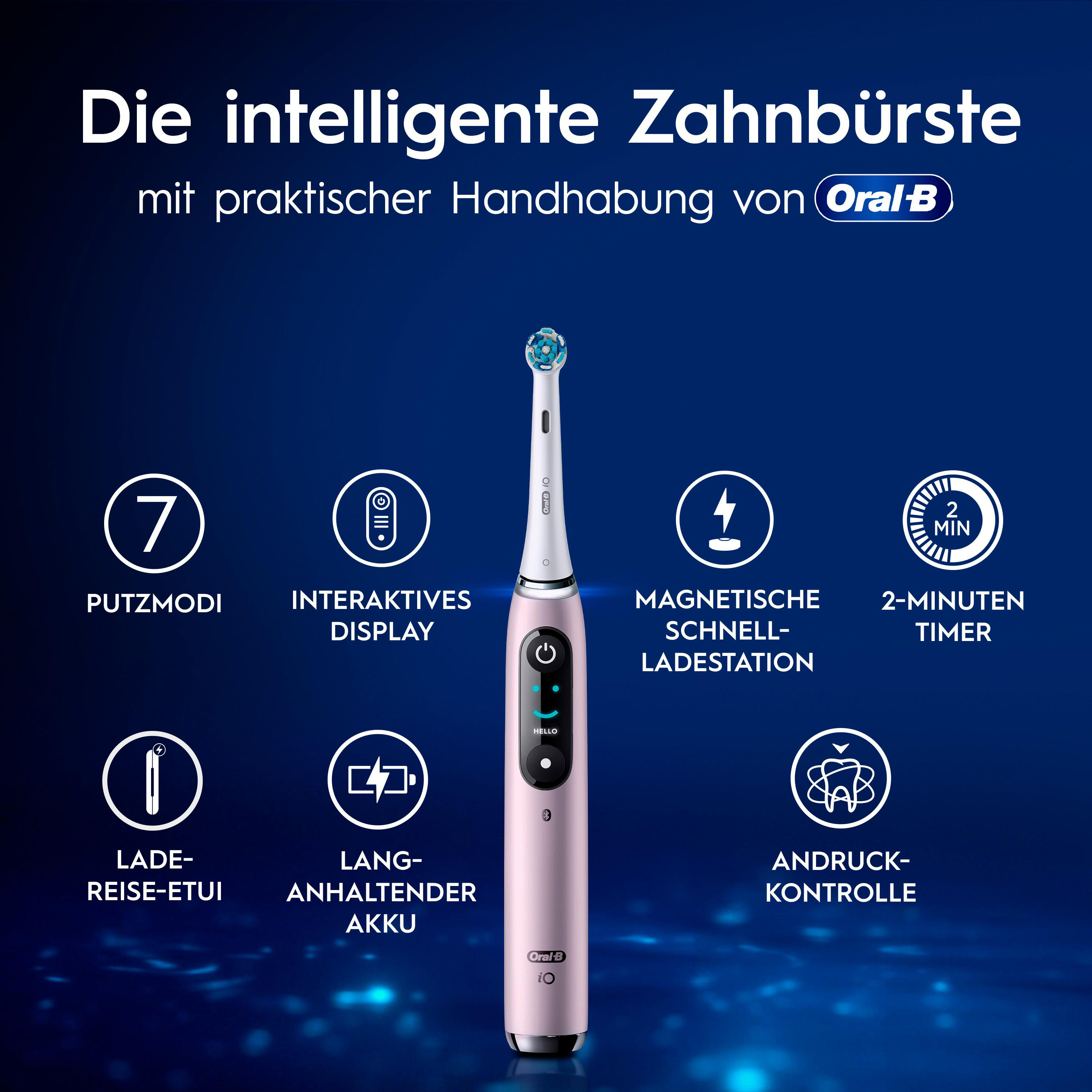 Eine rosafarbene Oral-B iO Zahnbürste mit Icons für Putzmodi, Display, Ladestation, Timer, Akku und Druckkontrolle.