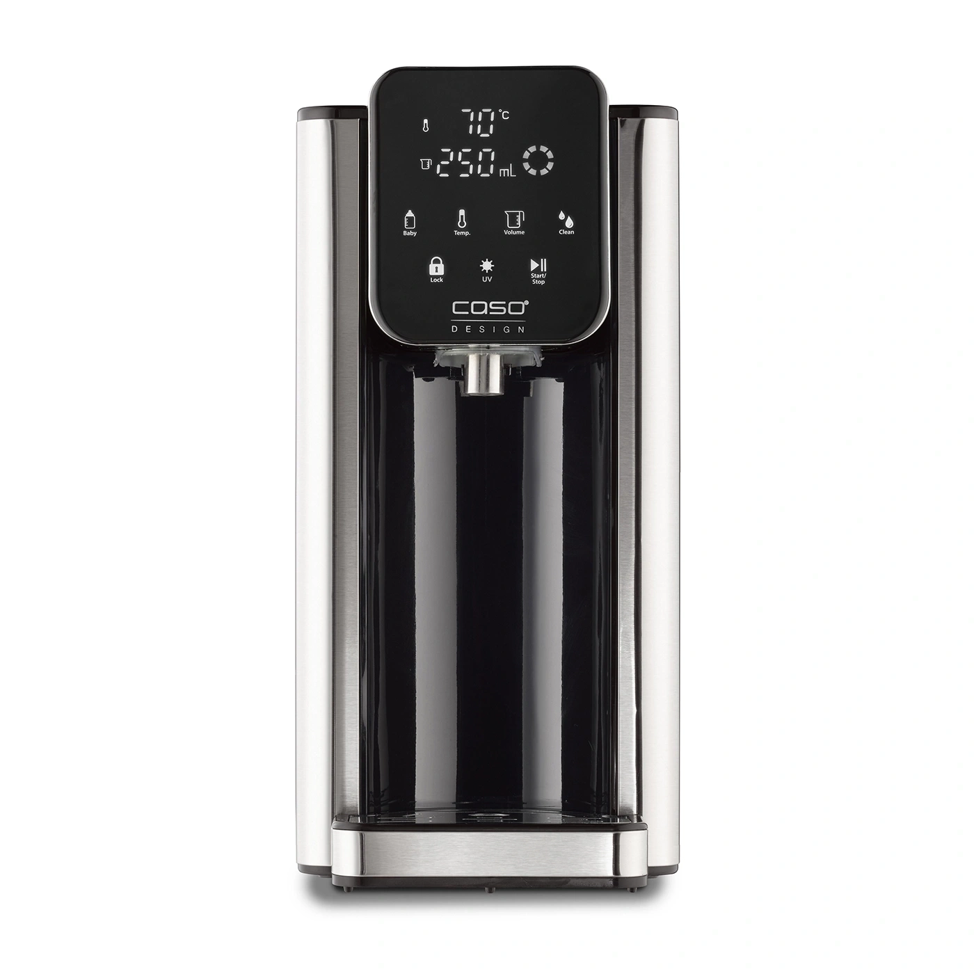Ein silberner und schwarzer Wasserspender mit digitalem Display zeigt 70°C und 250ml.