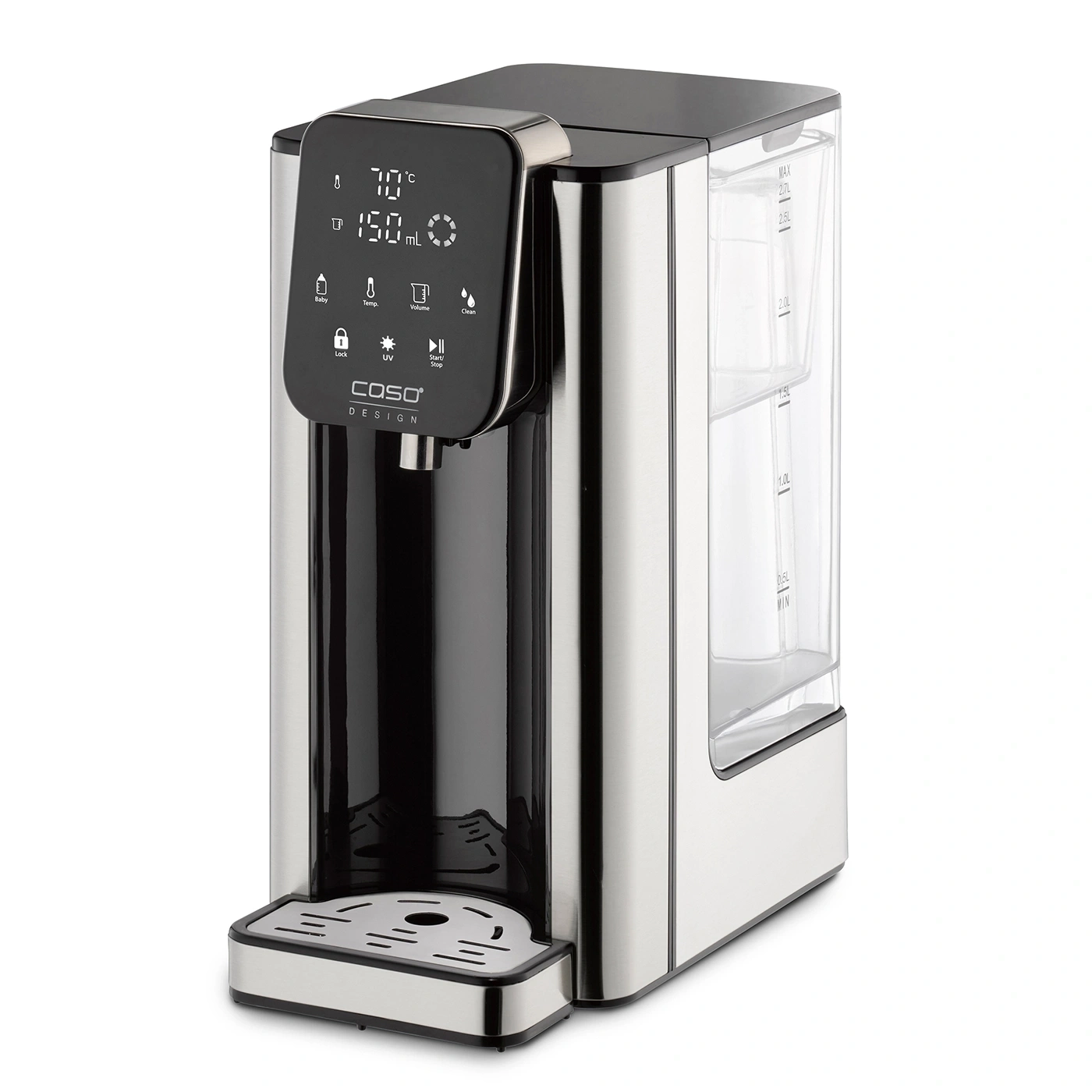 Edelstahl-Wasserspender mit digitalem Display und abnehmbarem Wassertank.